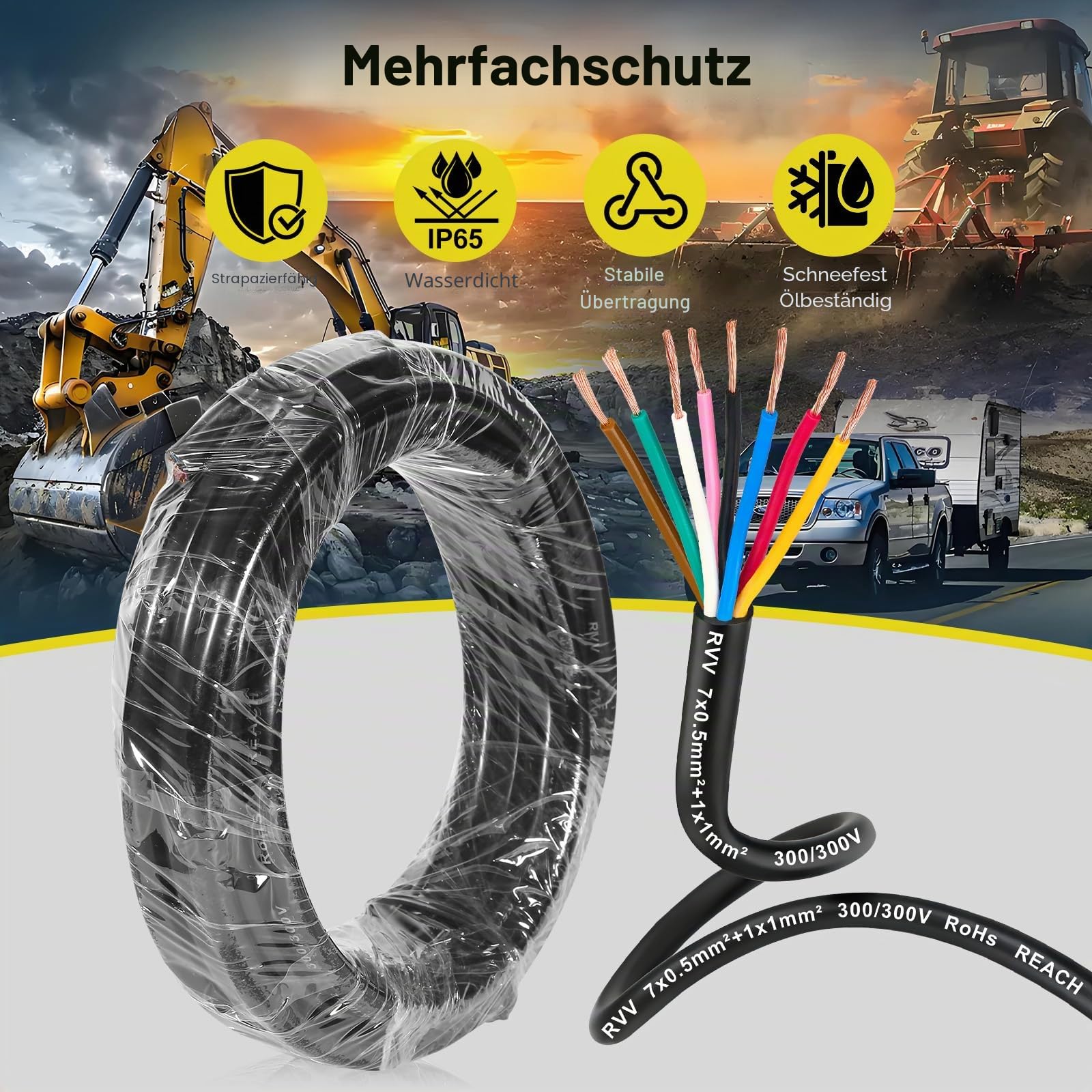 D-TECH 8 Adriges Anhängerkabel Fahrzeugkabel 10M,Rundkabel 8 Adriges Anhängerkabel Elektrokabel, 5V-80V 8 poliges Anhängerkabel LED Rücklichter Verkabelung Kable (7x0,5 mm²+1x1 mm²)