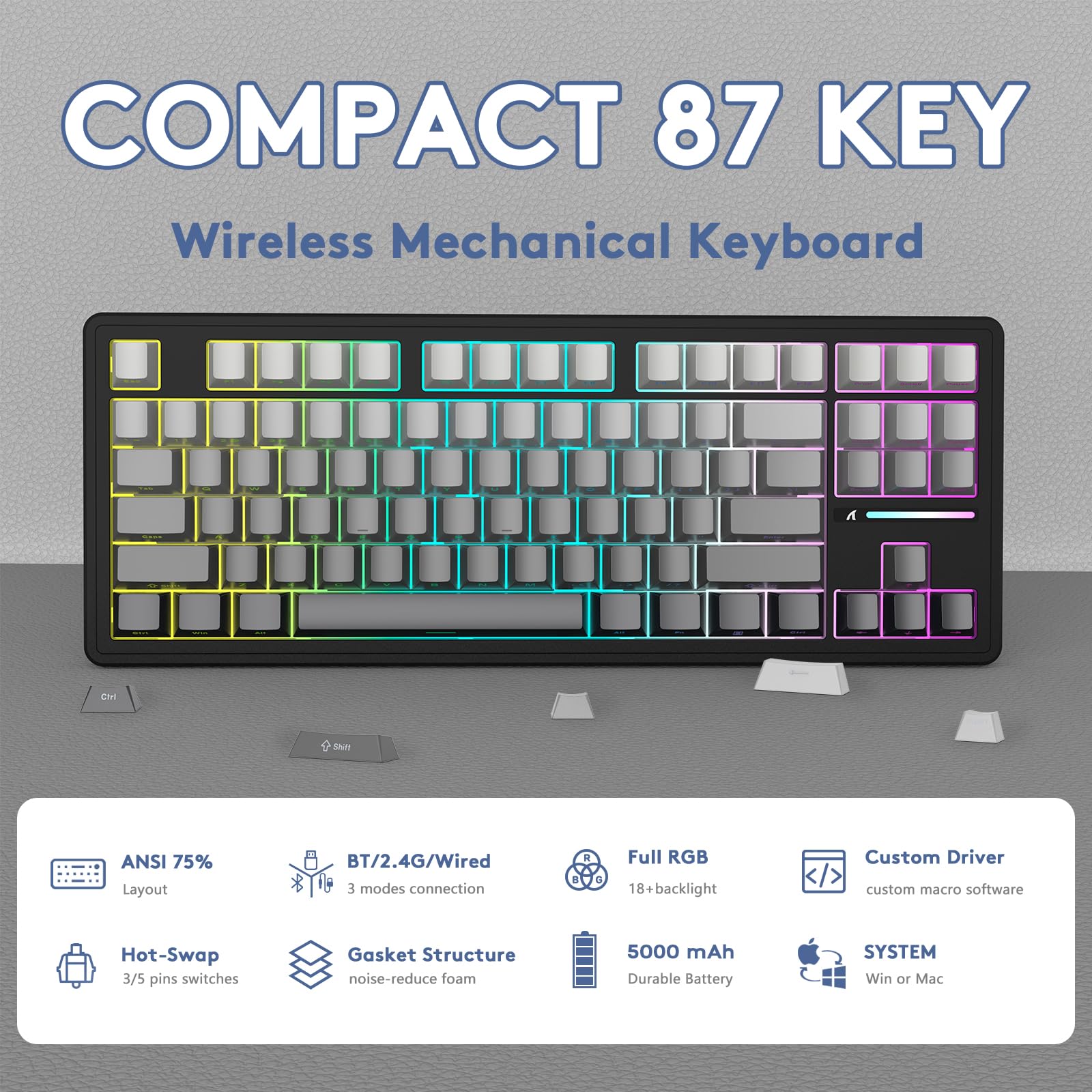MAMBASNAKEx Attack Shark M87 Teclado mecánico inalámbrico para Juegos TKL, retroiluminación RGB, Compacto, Intercambiable en Caliente, programable por Gasket, USB-C/Bluetooth/2.4 GHz, 4600 mAh, Negro