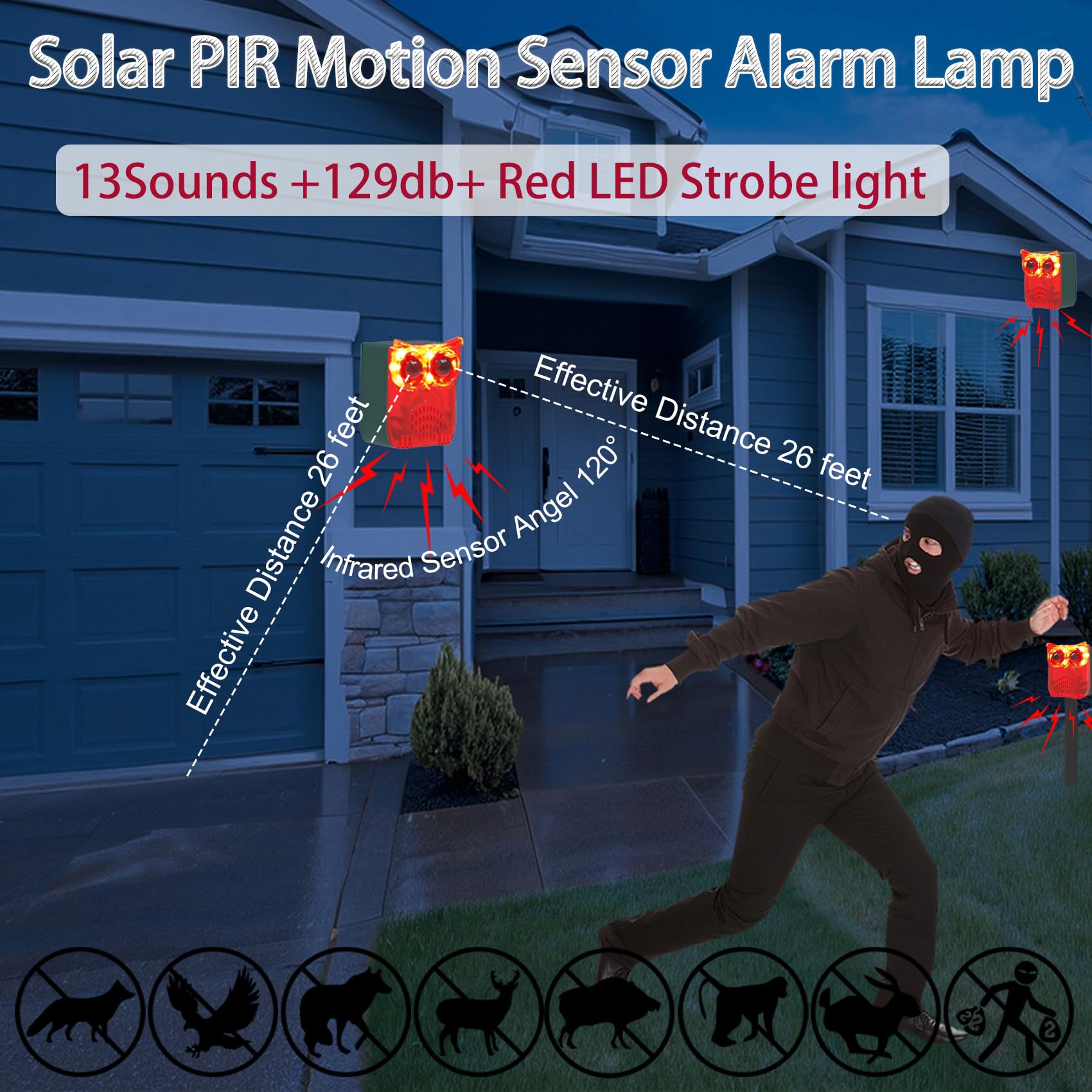 KINGCOO Lot de 2 détecteurs de mouvement solaires avec 13 sons, 129 dB, LED rouge, avertissement de sécurité, lumière stroboscopique, pour l'extérieur, allée, ferme, cour, orchard Scheun