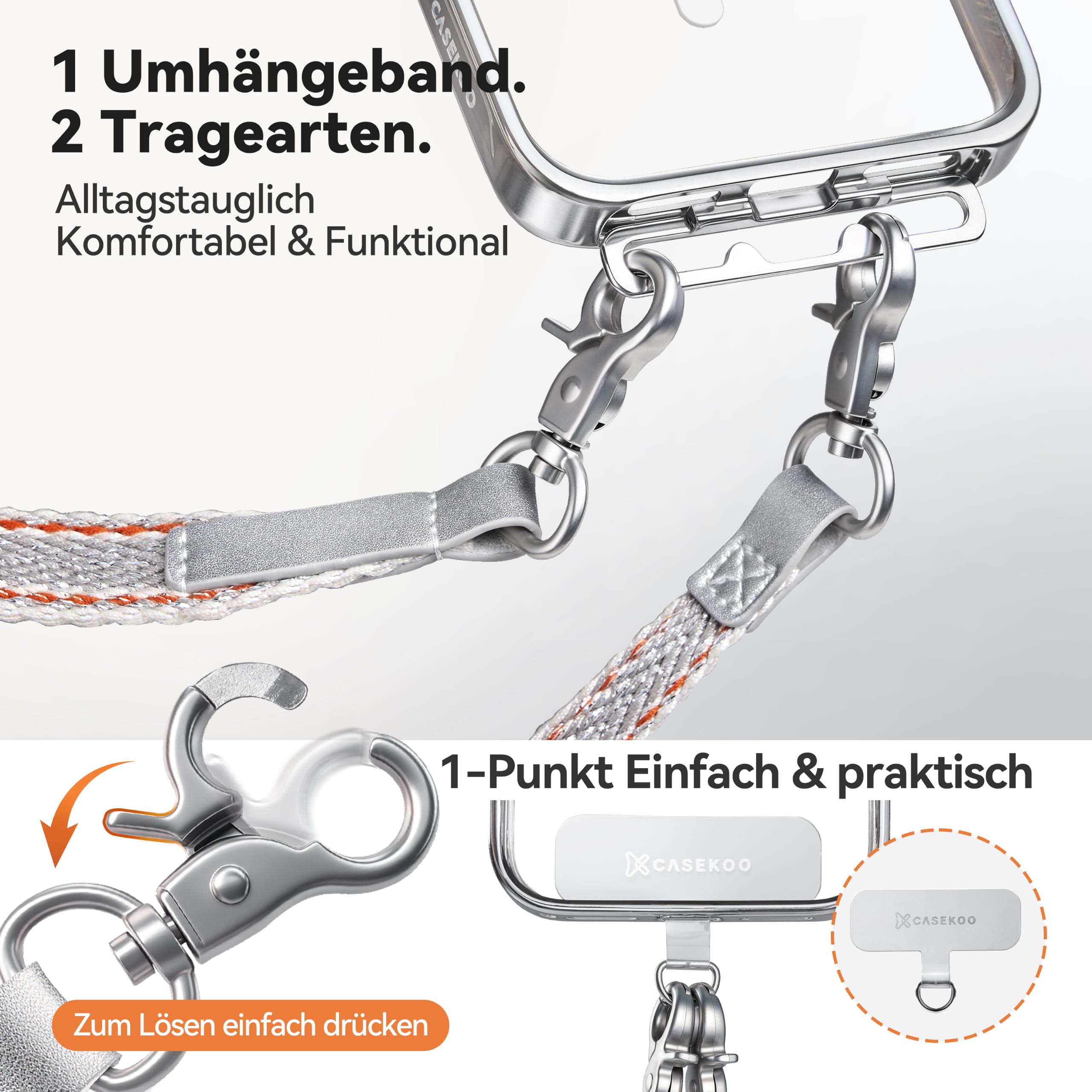 CASEKOO Linkoo iPhone 17 Pro Hülle mit Handykette Bundle, MagSafe Handyhülle mit ClipSafe Klapp-Clip + Luxury Handyband zum Umhängen, 3-in-1 Anti-Verlust Lanyard, Silber