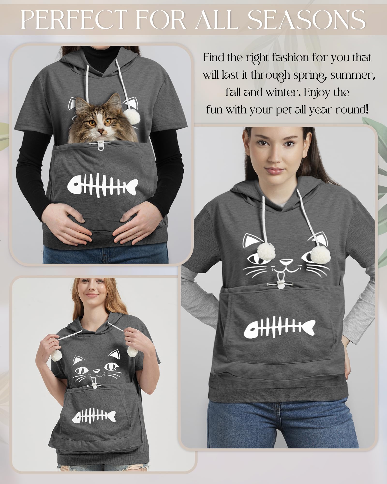 Sweat à Capuche à Manches Courtes pour Femme Chemisier avec Grande Poche Confortable Pull Chat Sweatshirt Hoodie Printemps Automne Été Pullover Blouse