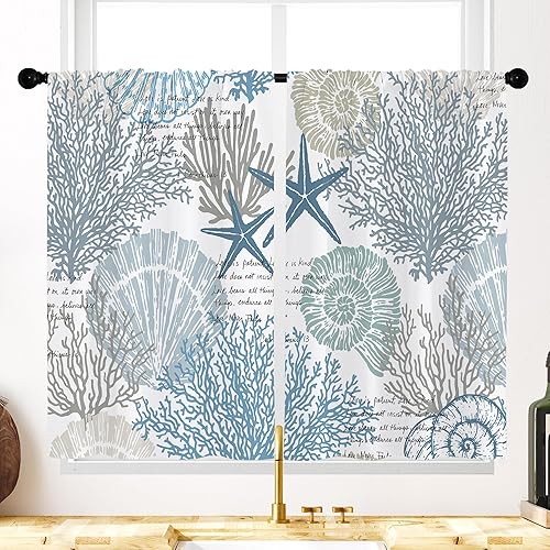 Opeoddie Cortinas náuticas de cocina de playa, cortinas de baño costeras con diseño de mar y conchas marinas, cortinas pequeñas para cafetería,