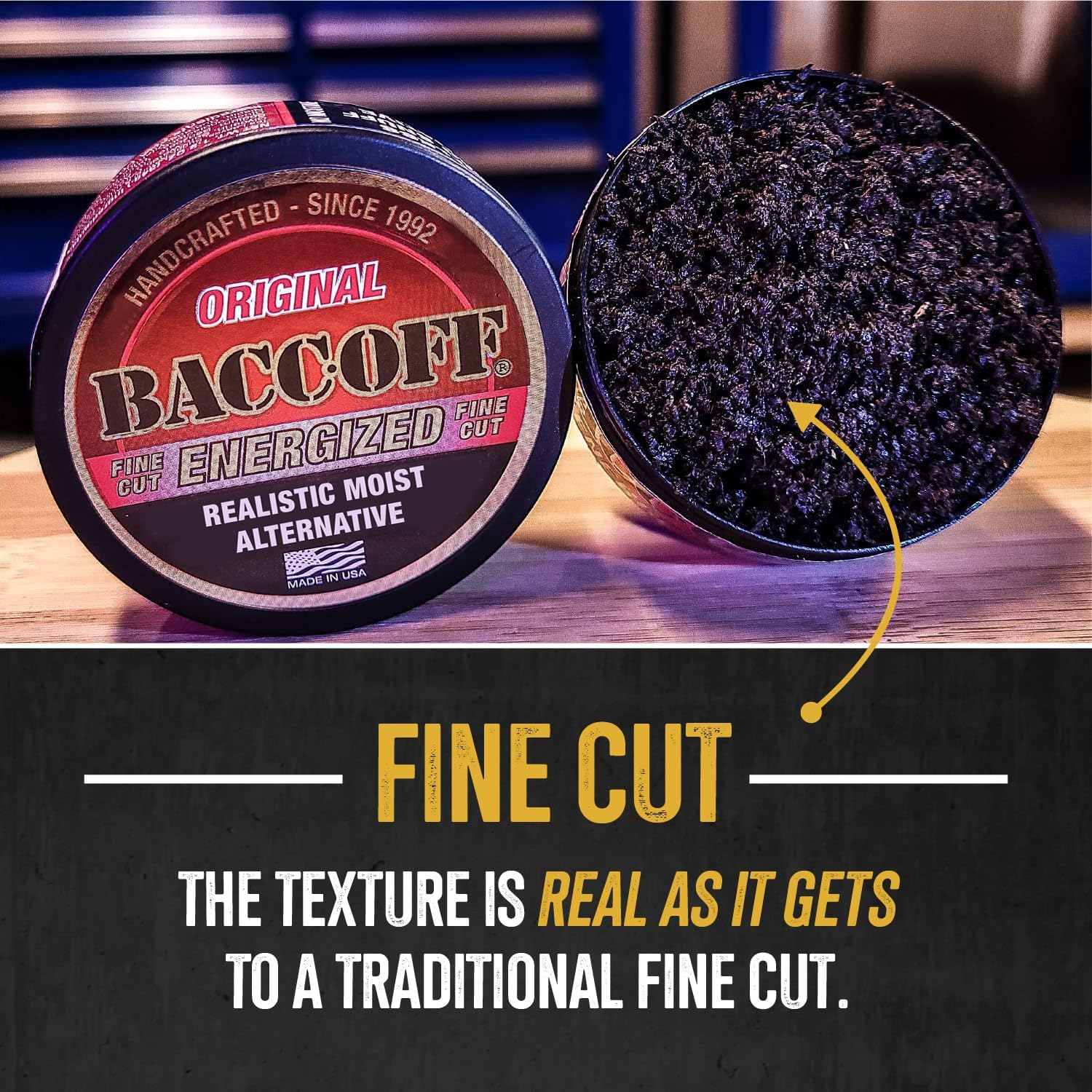 10 Cans, BaccOff Original Energized Fine Cut, Bold, Natural, Smoky Flavors with Caffeine and B Vitamins
