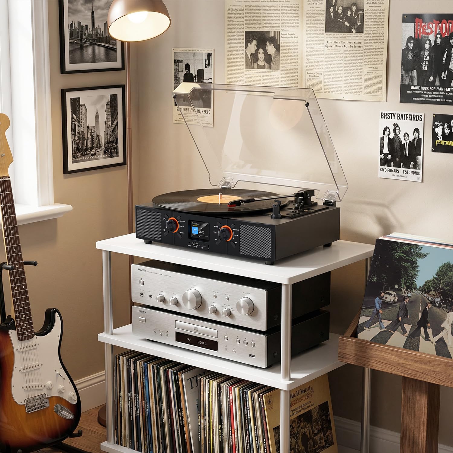 Giradischi in vinile con altoparlanti integrati, giradischi Bluetooth con trasmissione a cinghia a 3 velocità con display LCD, riproduzione USB, orologio, RCA, AUX e jack per cuffie, grigio