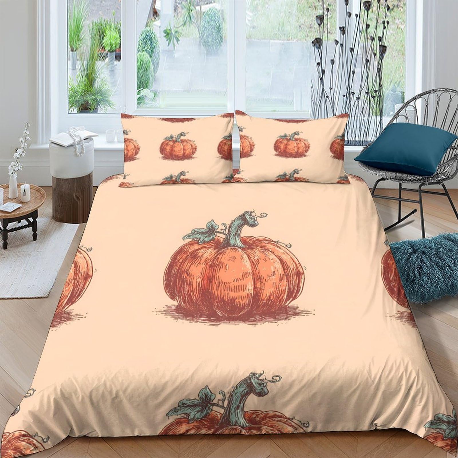 GPLZQXKJNH 3D Printed Pumpkin Squirrel Duvet Cover Microfiber Breathable Soft Autumn Harvest Bedding Set with 2 Pillowcases for Bedroom Home Single（135x200cm）
