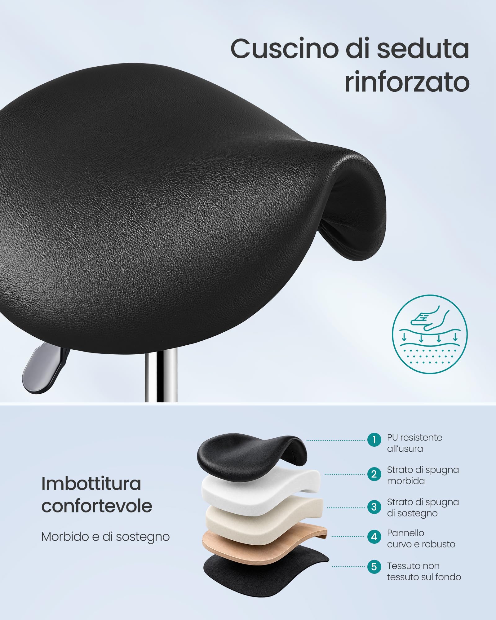 SONGMICS Sgabello a Sella, in Ecopelle PU, Girevole e Regolabile in Altezza, Ergonomico, 56 x 56 x (45-61) cm, Nero, per Ufficio e Salone, Collezione Activo OSC014B101