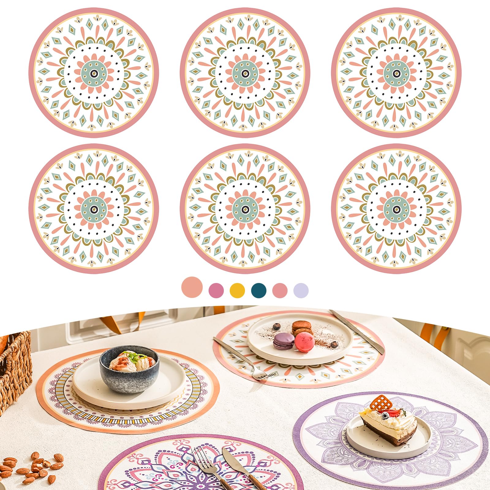 Elistonie Set of 6 Boho Round Placemats Waterproof Textured Vinyl Placemats for Dining Table Heat Resistant Dining Mats Washable Place Mats Mandala Round End Table Mat Bohemian Table Settings (A)