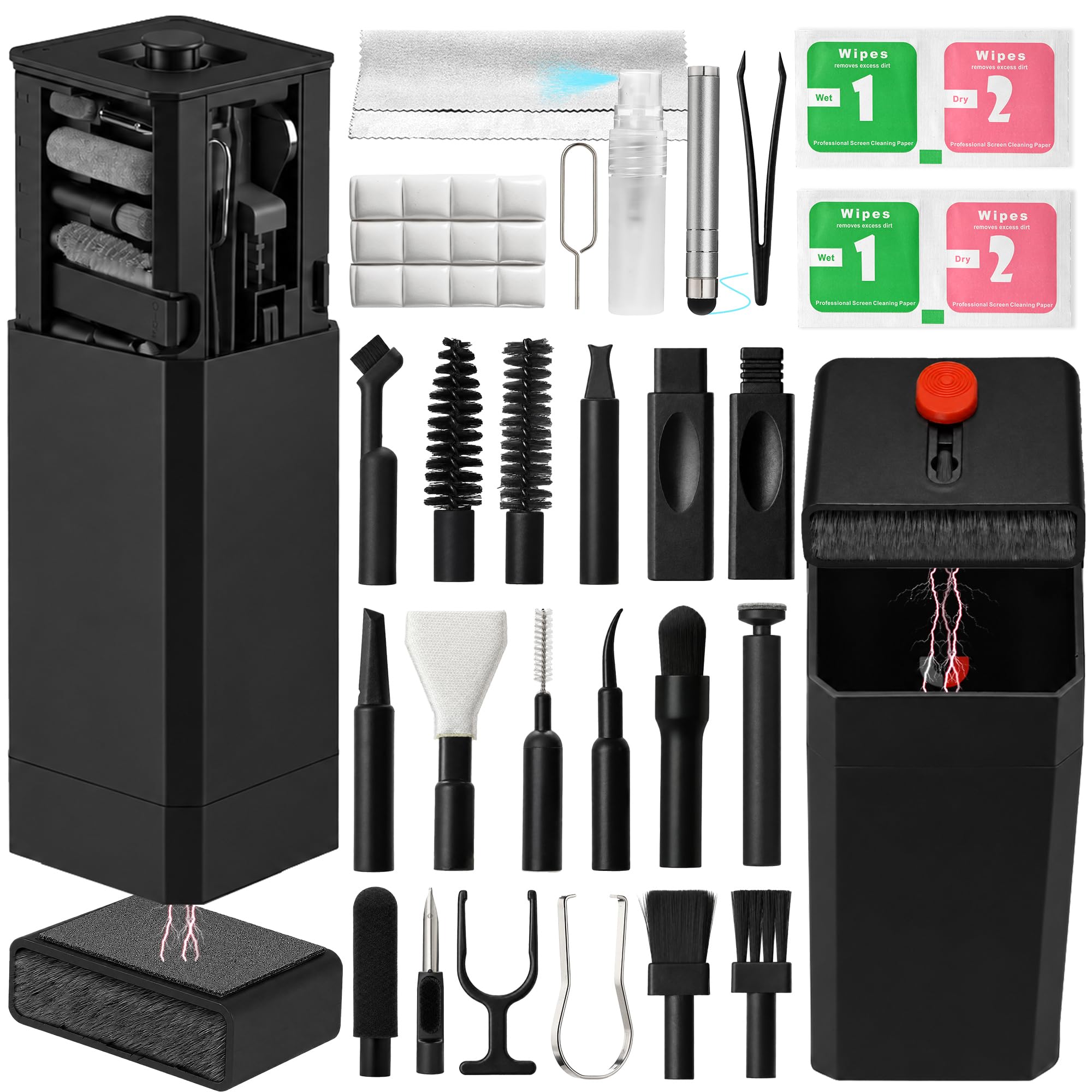Upgrade Phone Cleaning Kit 47PCS, iPhone Cleaning Kit, Airbud AirPods Cleaning Kit, Keyboard, Charging Port Cleaner for Apple Lightning/Android USB-C - Includes Putty, Cloth & Wipes (Black)