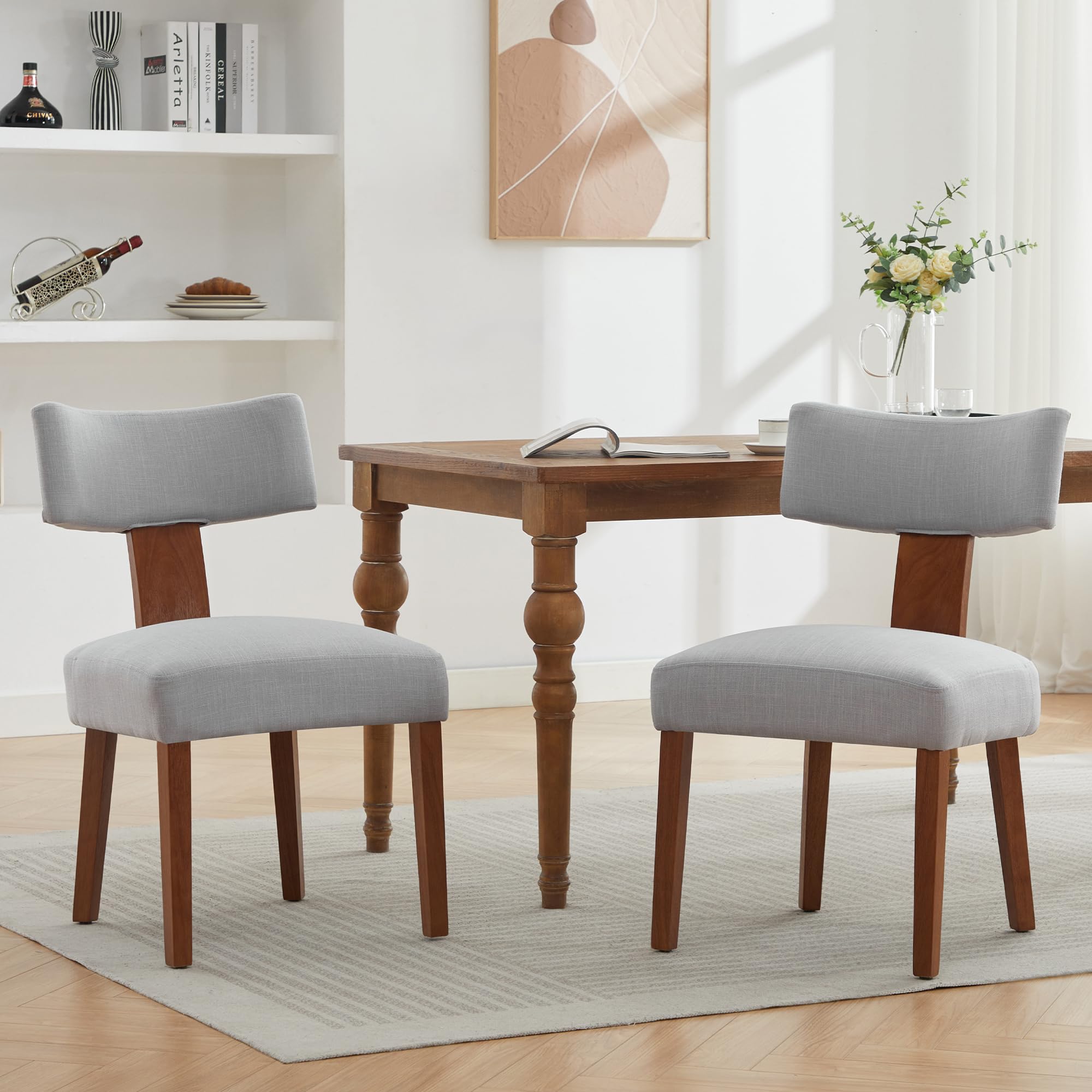 wooden dining chairs set of 2,mid-century modern armless kitchen chairs with curved backrest -hardwood frame farmhouse dining side chairs with upholstered for kitchen/living room,linen gray