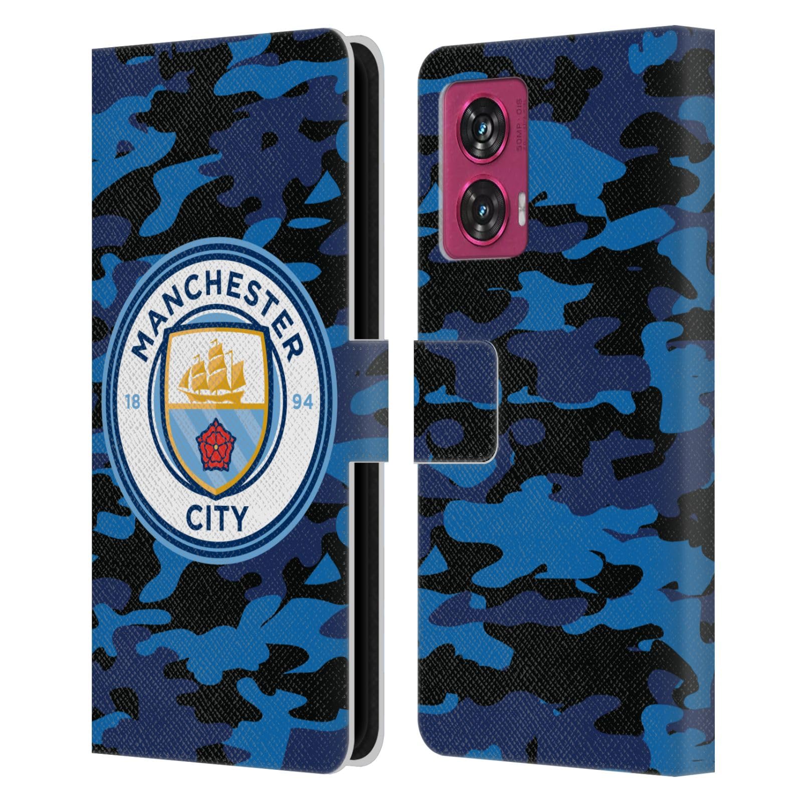 Head Case Designs Officially Licensed Manchester City Man City FC Dark Blue Moon Badge Camou Leather Book Wallet Case Cover Compatible with Motorola Edge 50 Fusion