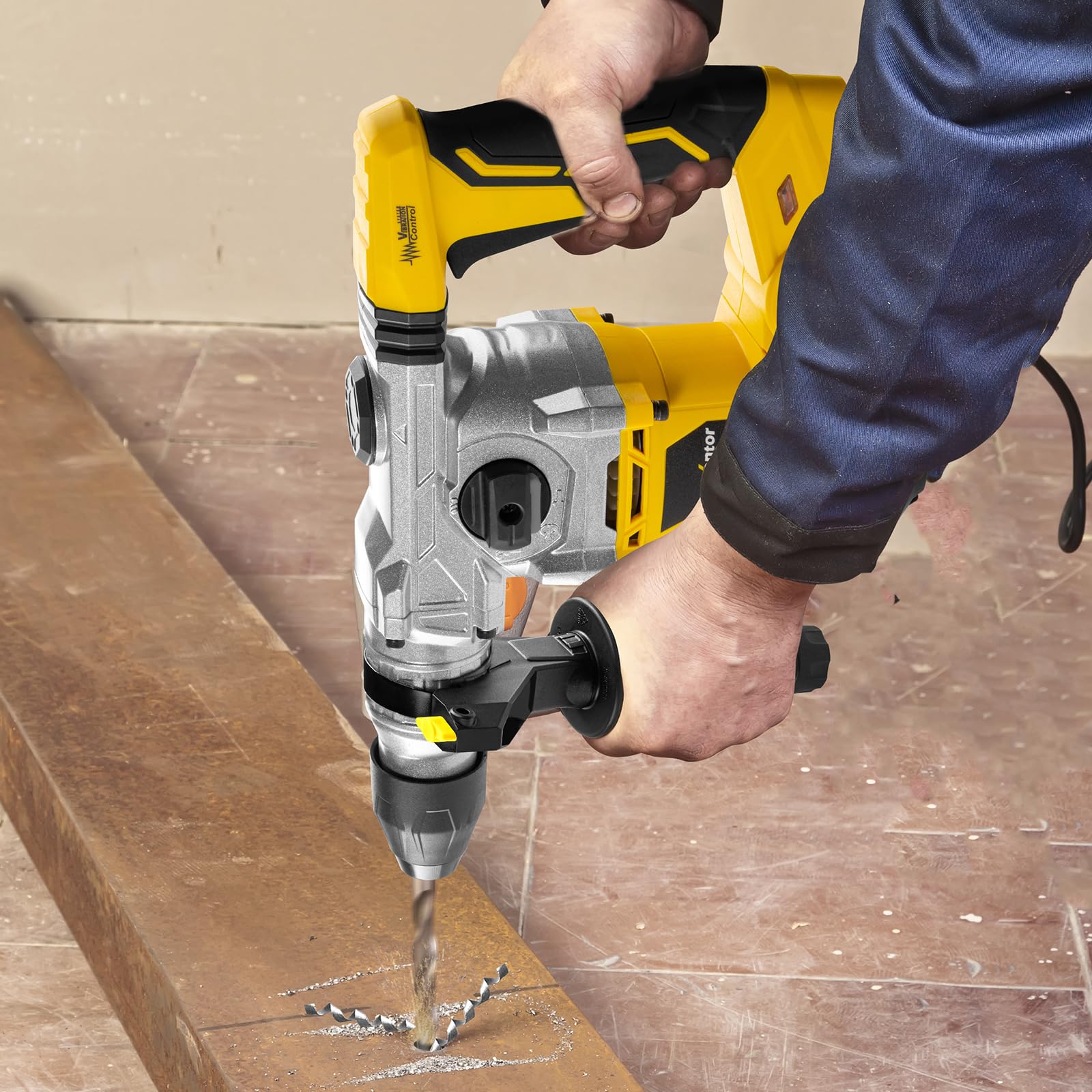 Enventor Martillo Perforador, 1500W Martillo Demoledor, Martillo Percutor con SDS-Plus Mandril, 4500BPM, 6J, 850RPM, 4 Funciones, Control de Vibración, para Concreto, Metal y Madera