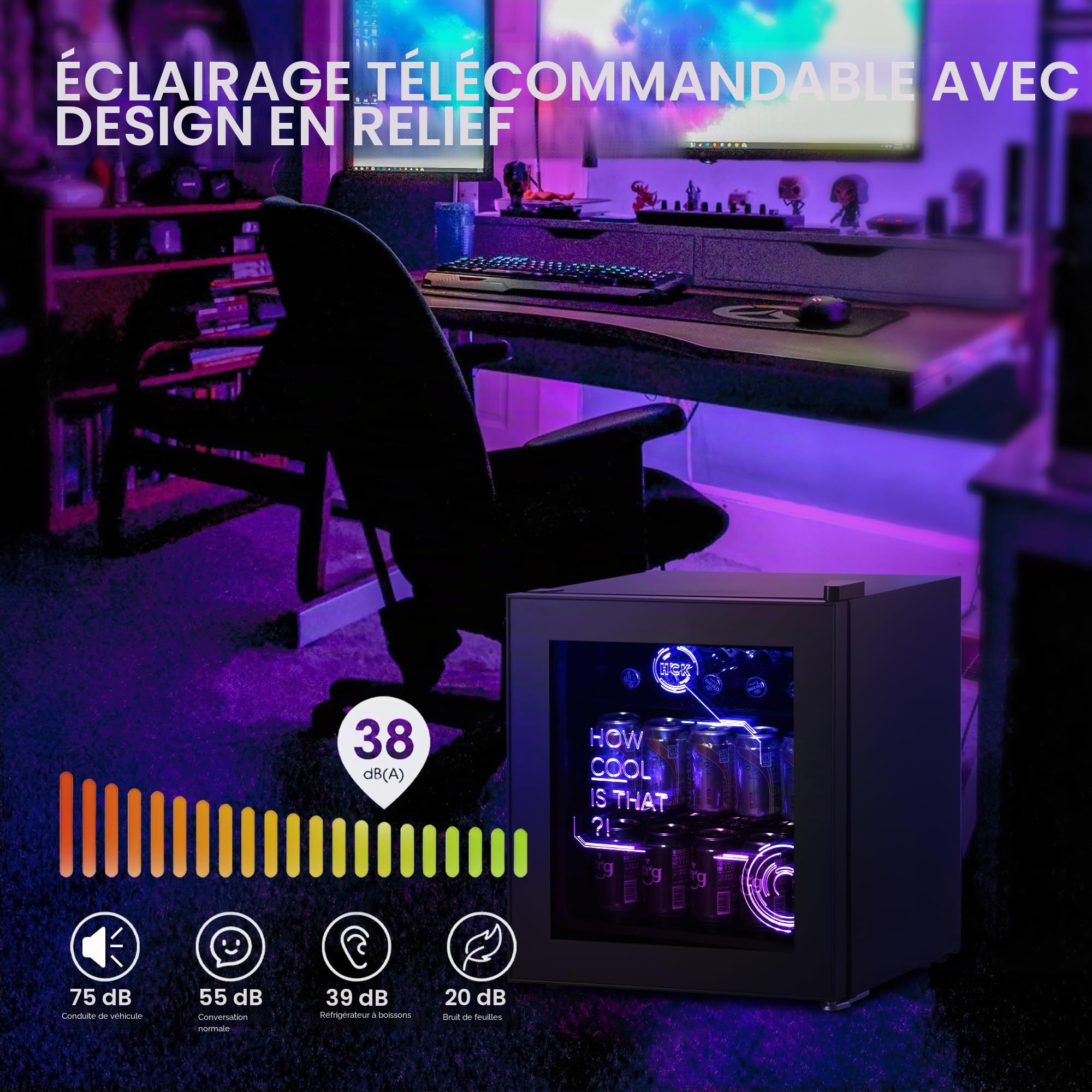 HCK Mini Frigo 48L Réfrigérateur Boissons Silencieux 0-15°C Cyberpunk Noir