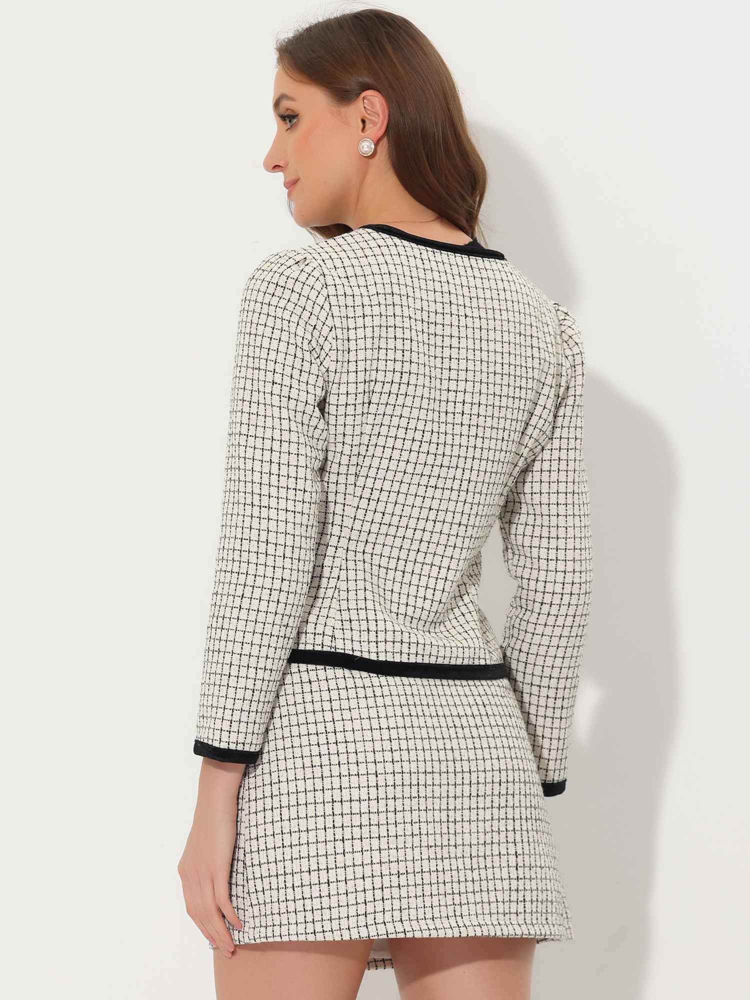 Allegra K Ensemble 2 pièces pour femme, veste blazer courte en tweed écossais et jupe