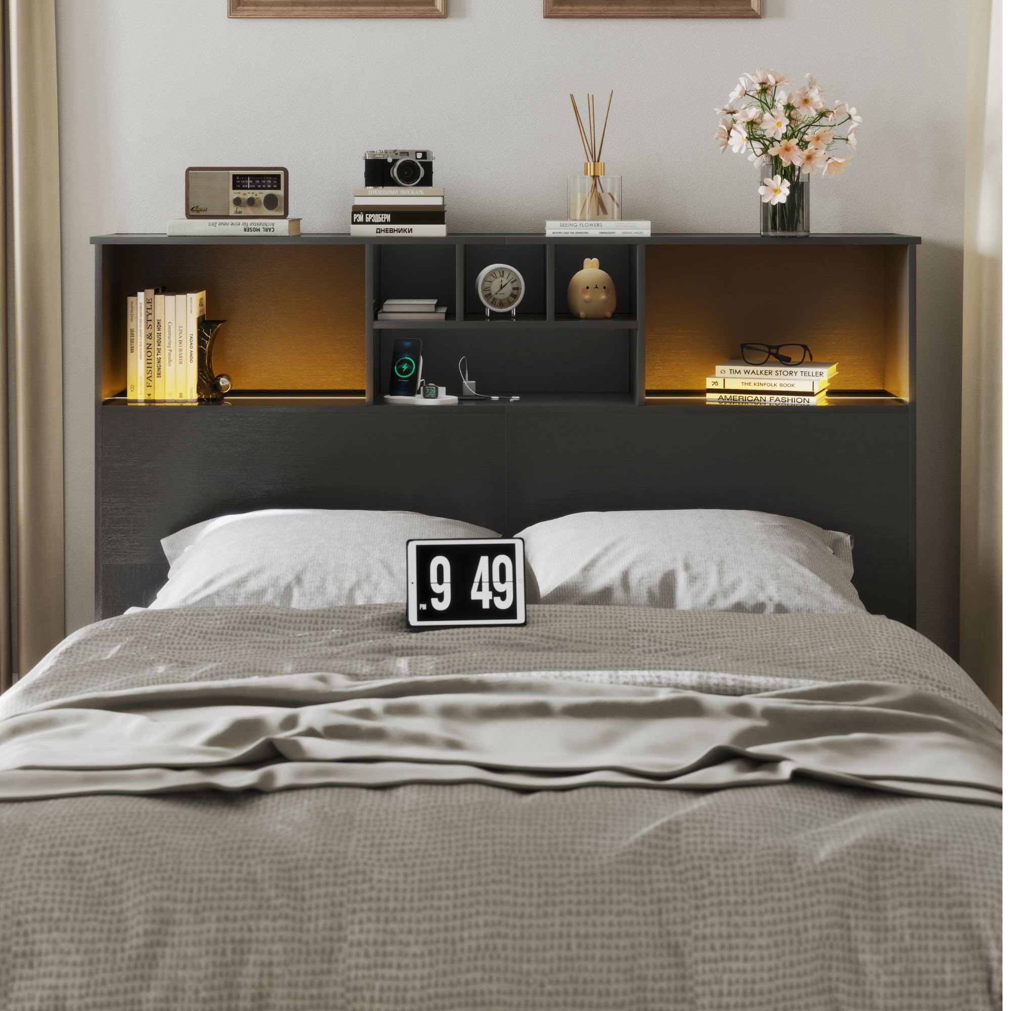Apicizon 65" Headboard Queen Size Bed, Black Storage Headboard with USB Charging Station, with Adjustable LED Lights for Bedroom, Fashion Black