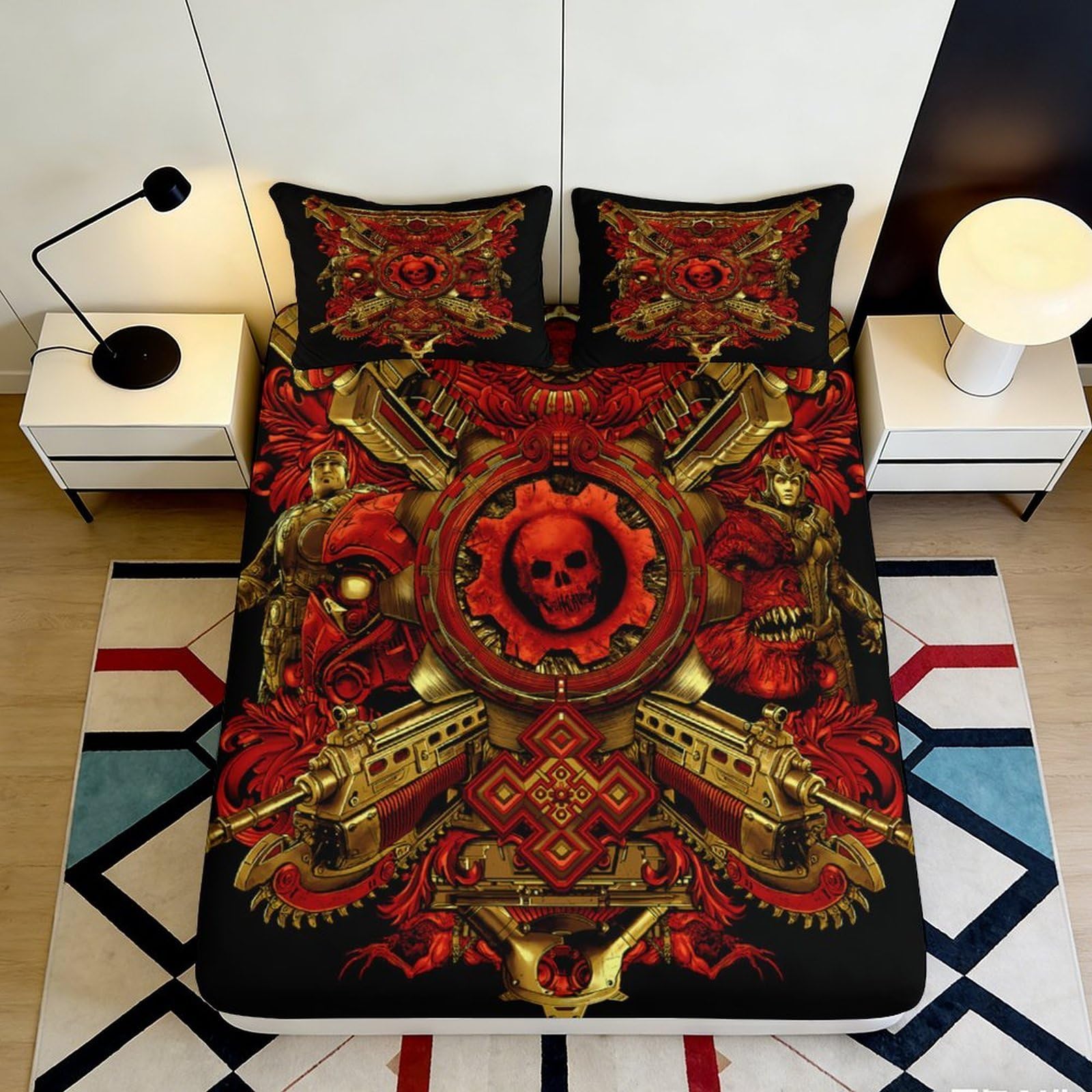 Pnayamiorkfel Style-3 3D Printed Gothic Skull Fitted Sheet Microfiber Soft Gold Red Steampunk Bed Cover For Bedroom Dorm Decor Protection 90X200x25cm