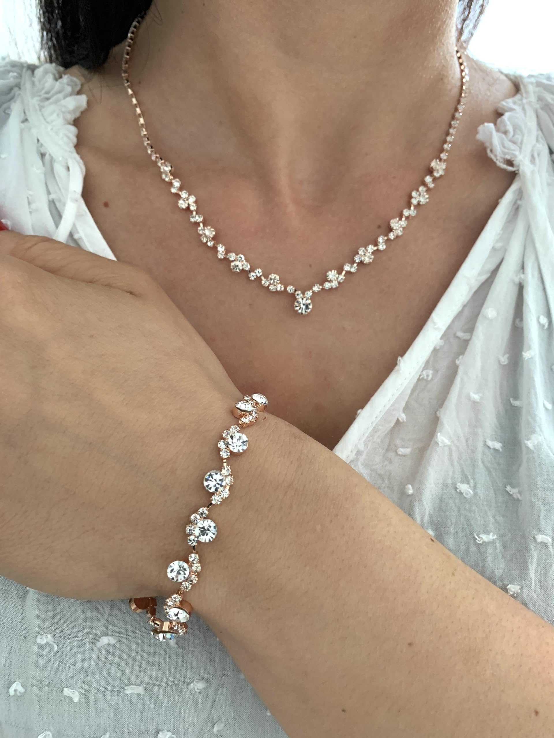 Brautschmuck Set Rosegold, Rückenkette mit Strass 23cm, Collier 38-48cm, Armband 18,5cm, Ohrringe 2,5cm
