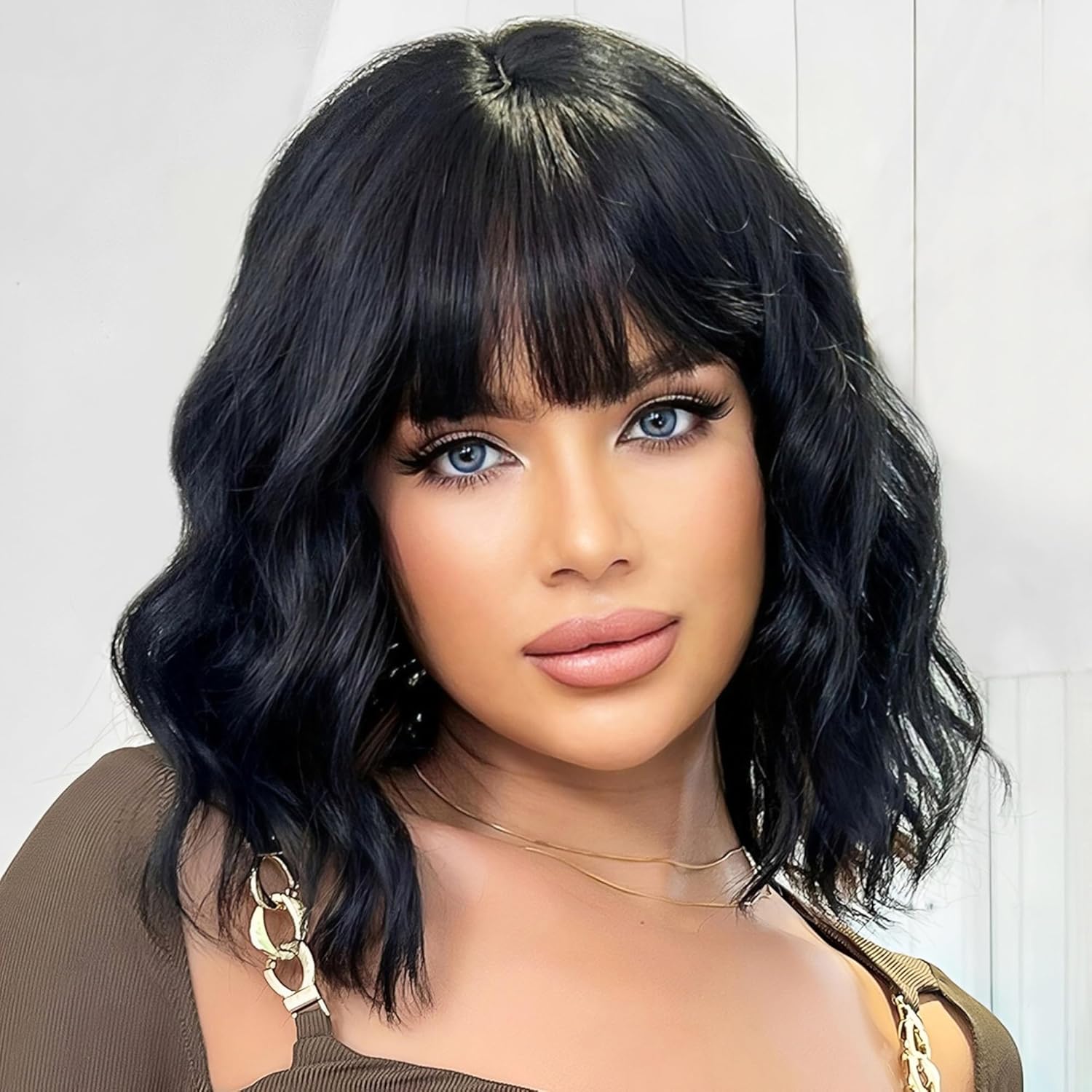 Wigs for Women Wavy Short Black Wig with Bangs Curly Bob Wig Shoulder Length Women's Wigs Synthetic Heat Resistant Fiber Wigs for Daily Party Use (14 Inches)