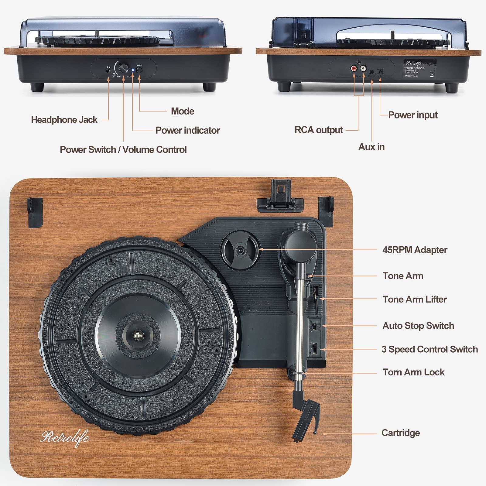 Vinyl Record Player Bluetooth Turntable with Speakers Vintage Record