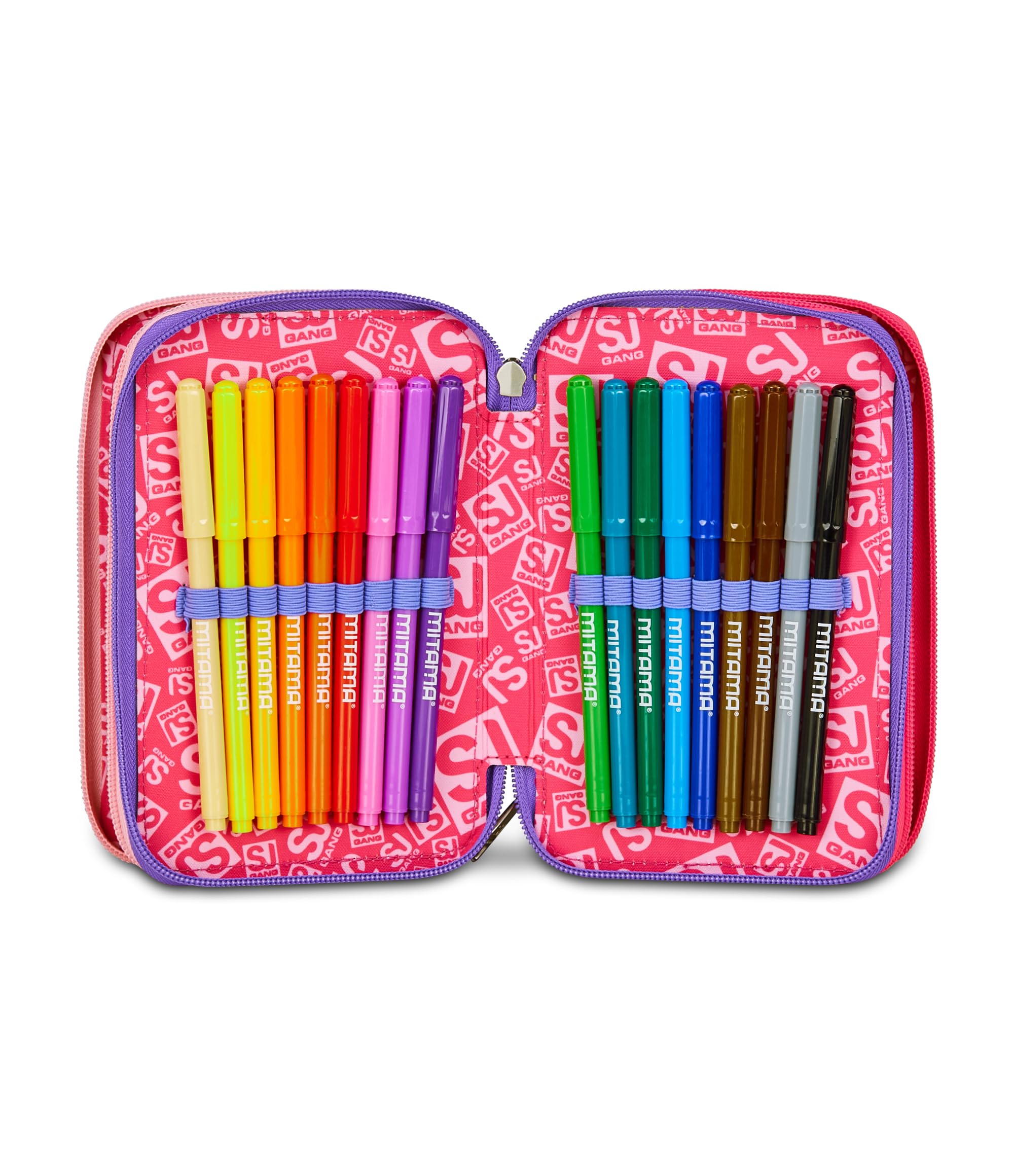SJ GANG STYLE JAM GANG Astuccio Scuola 3 Zip, Rosa, Portapenne Triplo Scomparto Completo Di Penne, Matite, Colori, Accessori Zaino, Scuole Elementari, Bambina