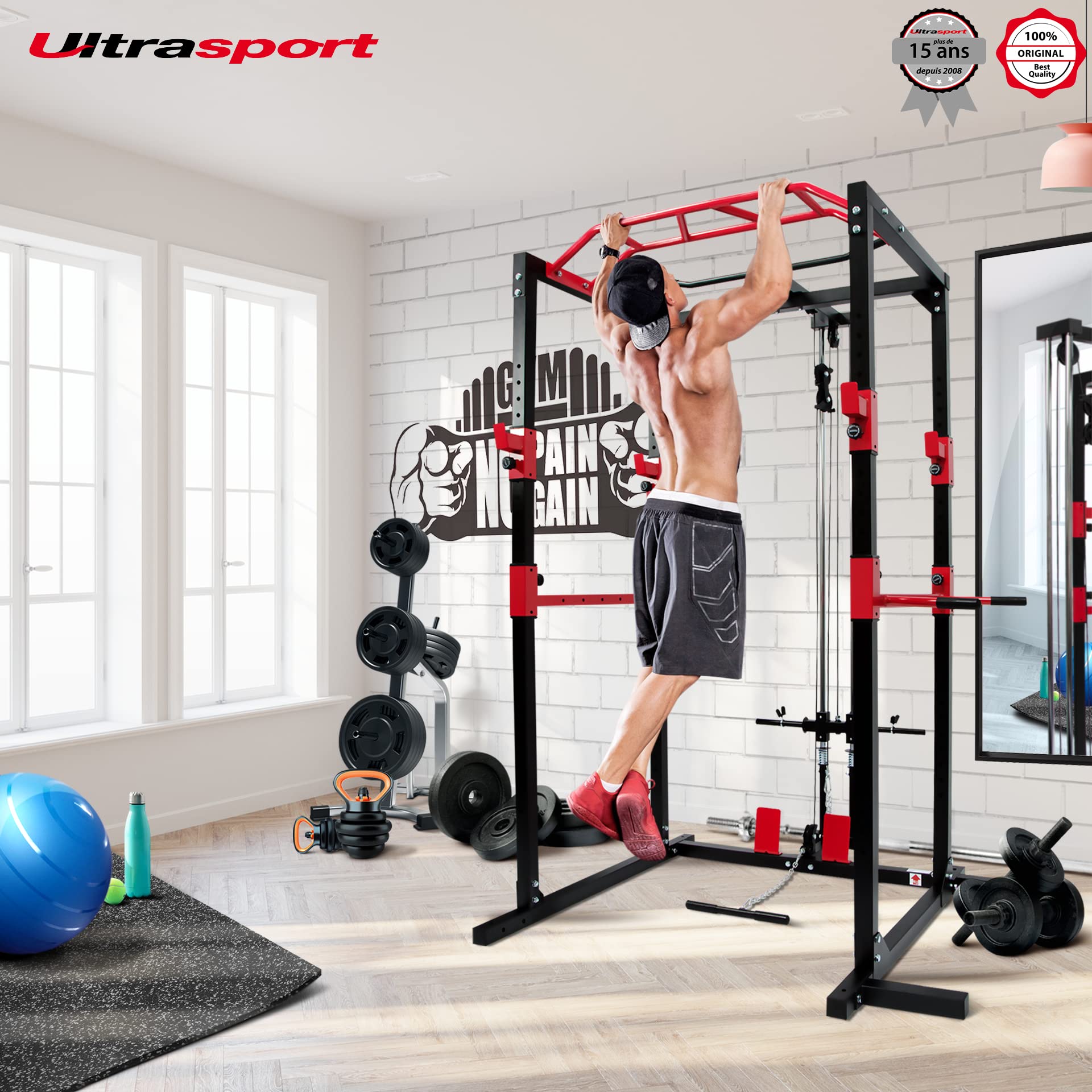 Ultrasport Mixte Banc de Musculation/Cage à Squats en Acier Massif, avec 2 Barres de Sécurité, Barre de Traction, Barre de Dips, Rameur - Noir/Rouge, 145.5 x 141 x 213.5 cm
