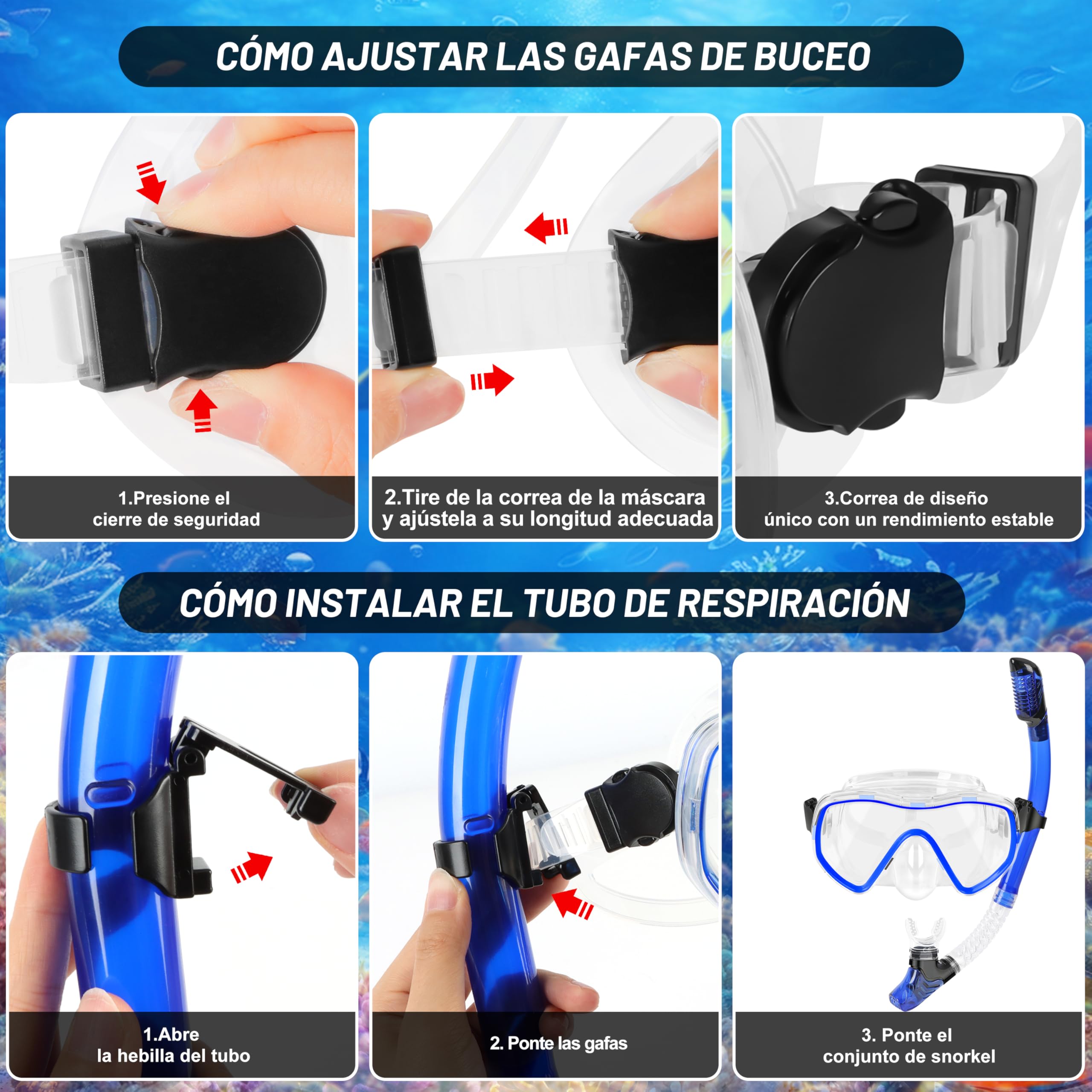IEEILULU Snorkel Set Adulto, Kit Snorkel 7 Piezas con Máscara de Buceo Antivaho y Aletas Ajustable para Hombre Mujere con Bolsa Portátil, Dos Tamaños