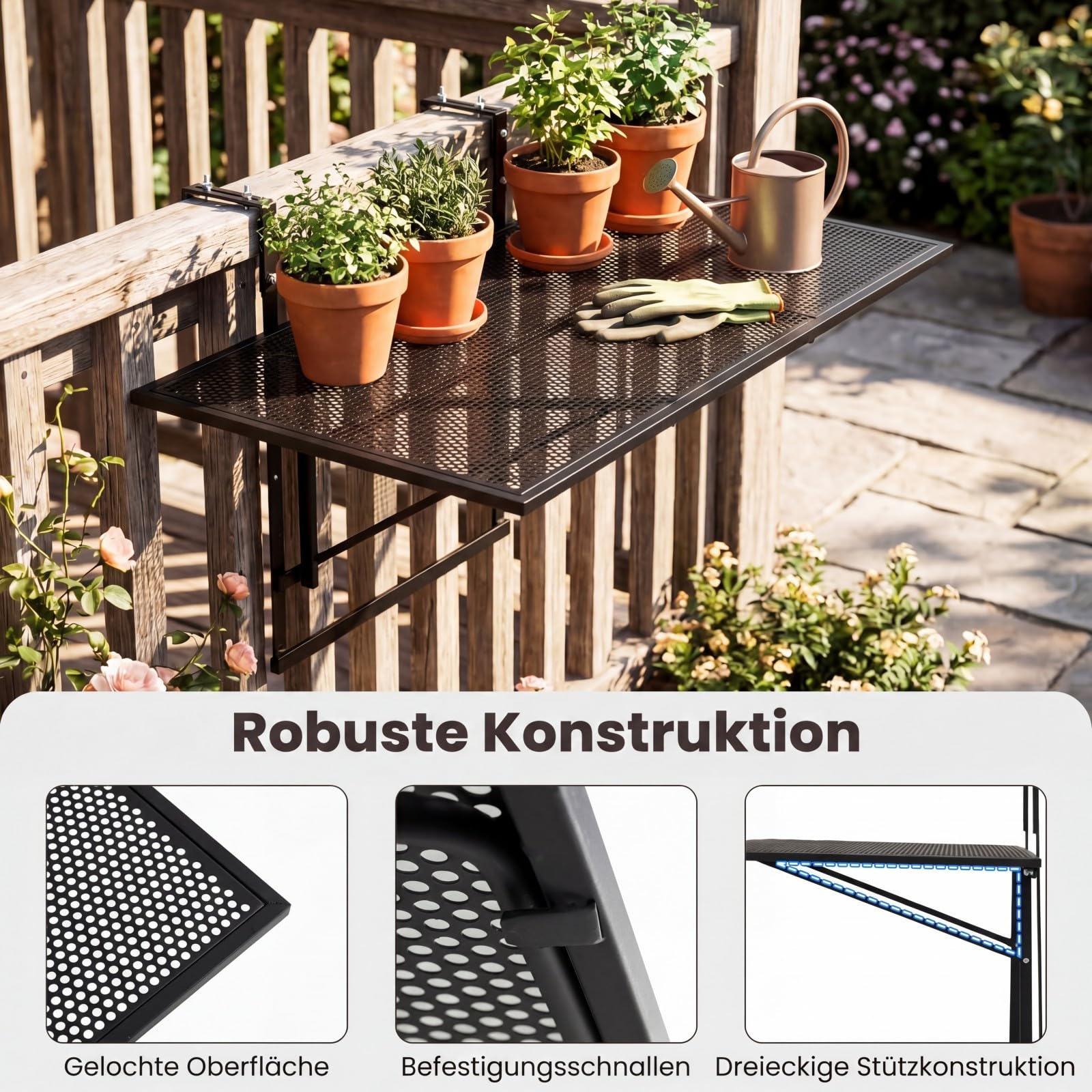 COSTWAY Balkontisch klappbar, 80x50 cm, Balkonhängetisch zum Einhängen, 5-Fach höhenverstellbar, Klapptisch aus Metall, rechteckiger Hängetisch für Balkon, 24 kg Tragfähigkeit, Schwarz