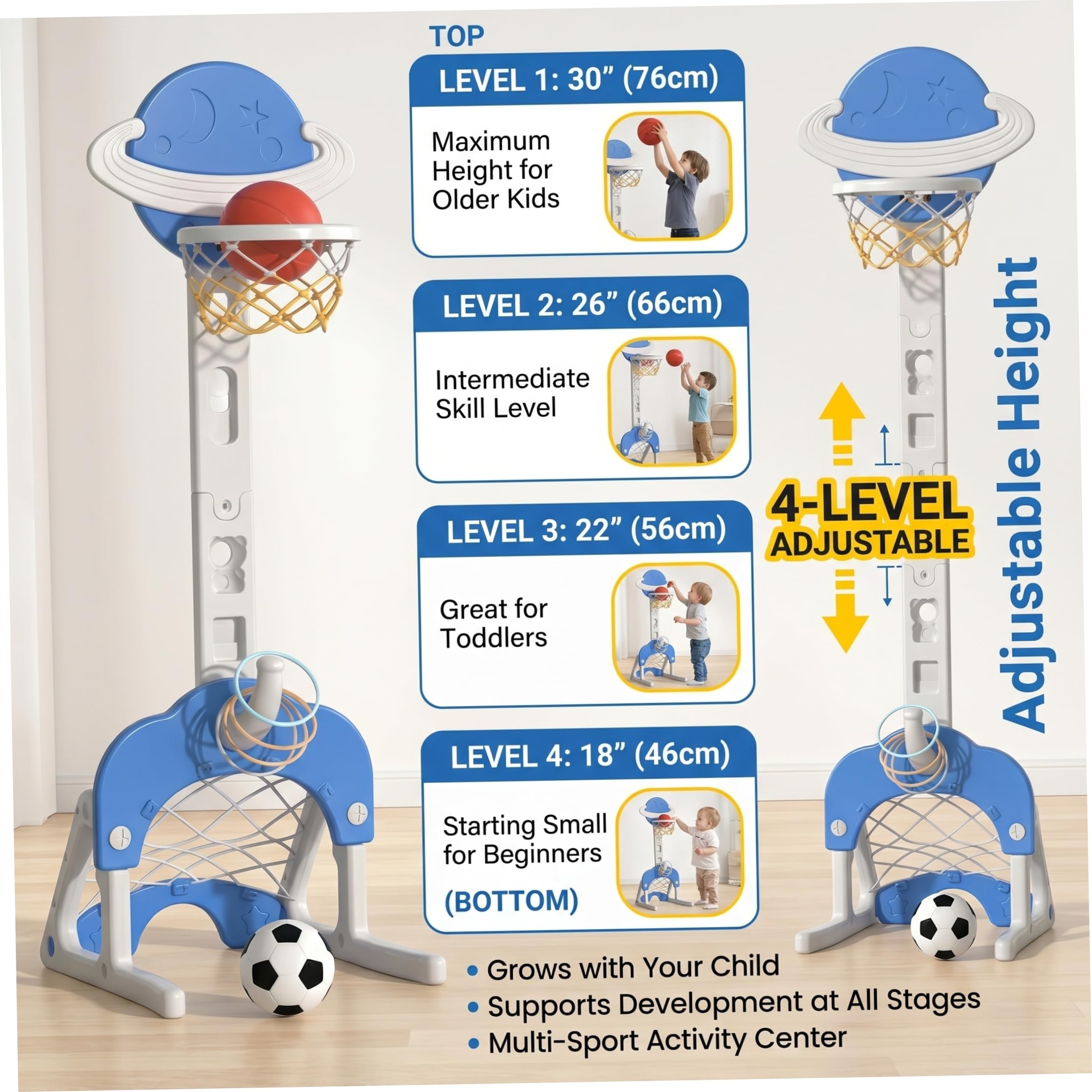 Canestro da Basket per Bambini, Giocattolo di Lancio dell'anello da Calcio Regolabile 3 in 1