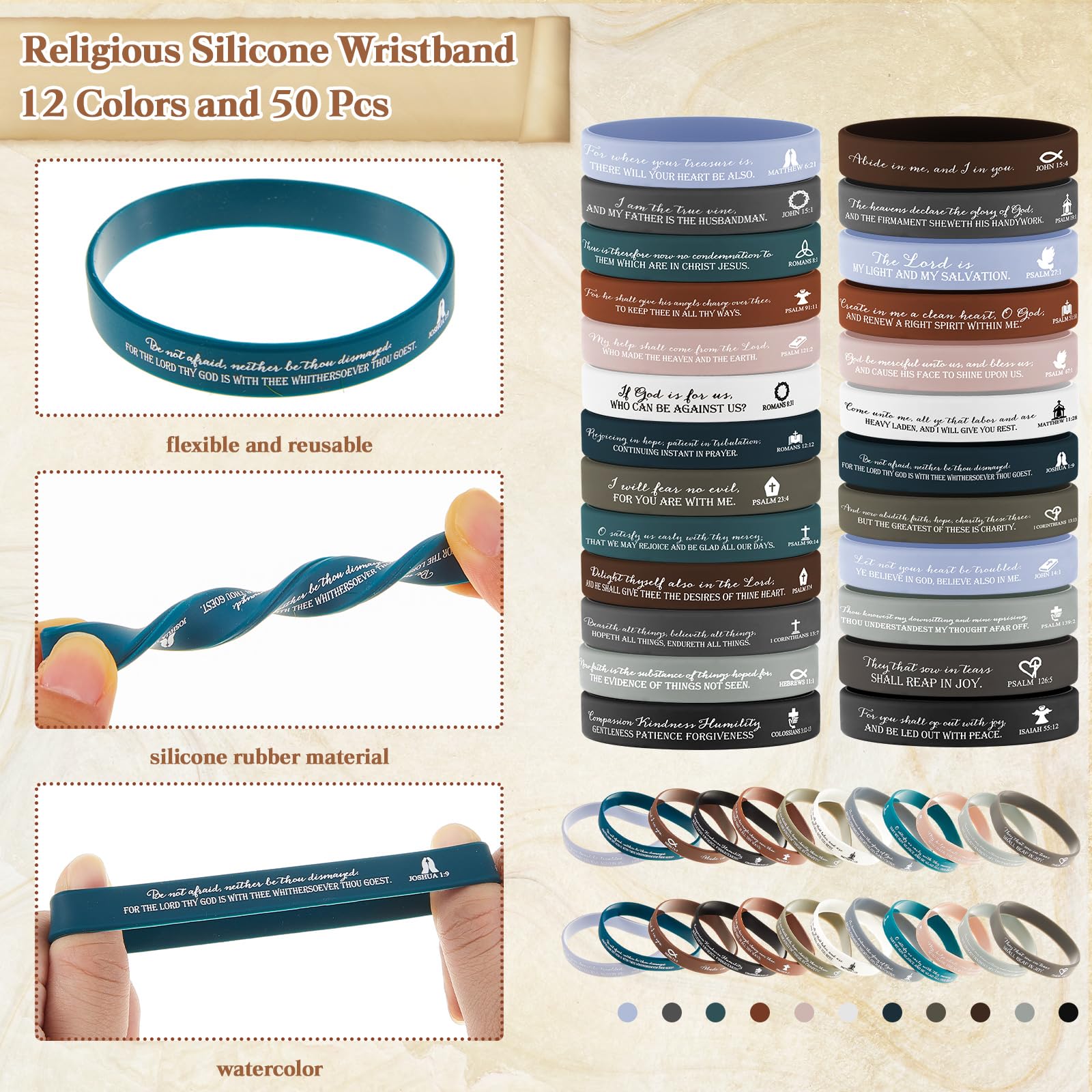 Feifeiya 50 Sets christliche Kirchengeschenke, Bibelvers, Bambusstift, religiöses Silikon-Armband, Notfallnummer, Lesezeichen, Bibelstudium, Geschenk für Frauen, Männer, Vatertag