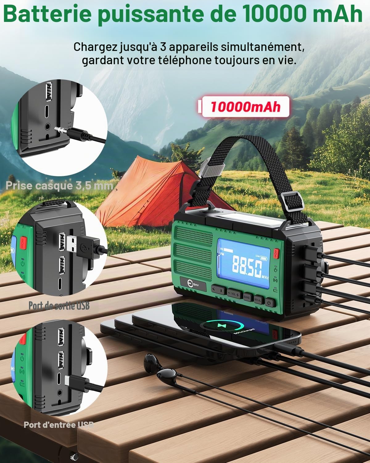Esky 10000mAh Radio Portable d'urgence, AM/FM/NOAA Radio à Manivelle 3 Méthodes de Recharge Radio Solaire avec Boussole,Lampe de Poch,Lampe de Lecture,Alarme SOS pour Camping en Plein Air Randonnée