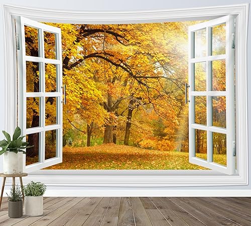 Miniatura 3 de LB Tapiz naranja otoñal para colgar en la pared, diseño de árbol del bosque de otoño, hojas amarillas, paisaje natural, tapiz de pared para