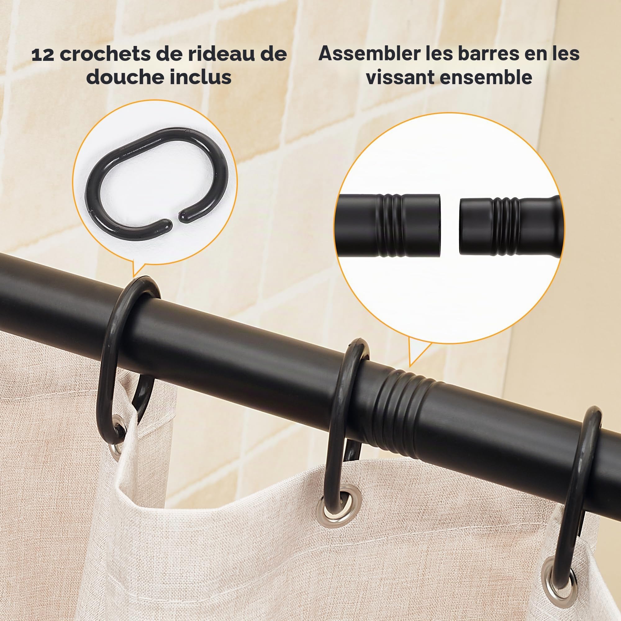 Tringle à rideau de douche en forme de U 88 x 176 x 88 cm | Barre de douche d'angle en acier noir mat | Avec support de plafond et 12 crochets | Kit de montage