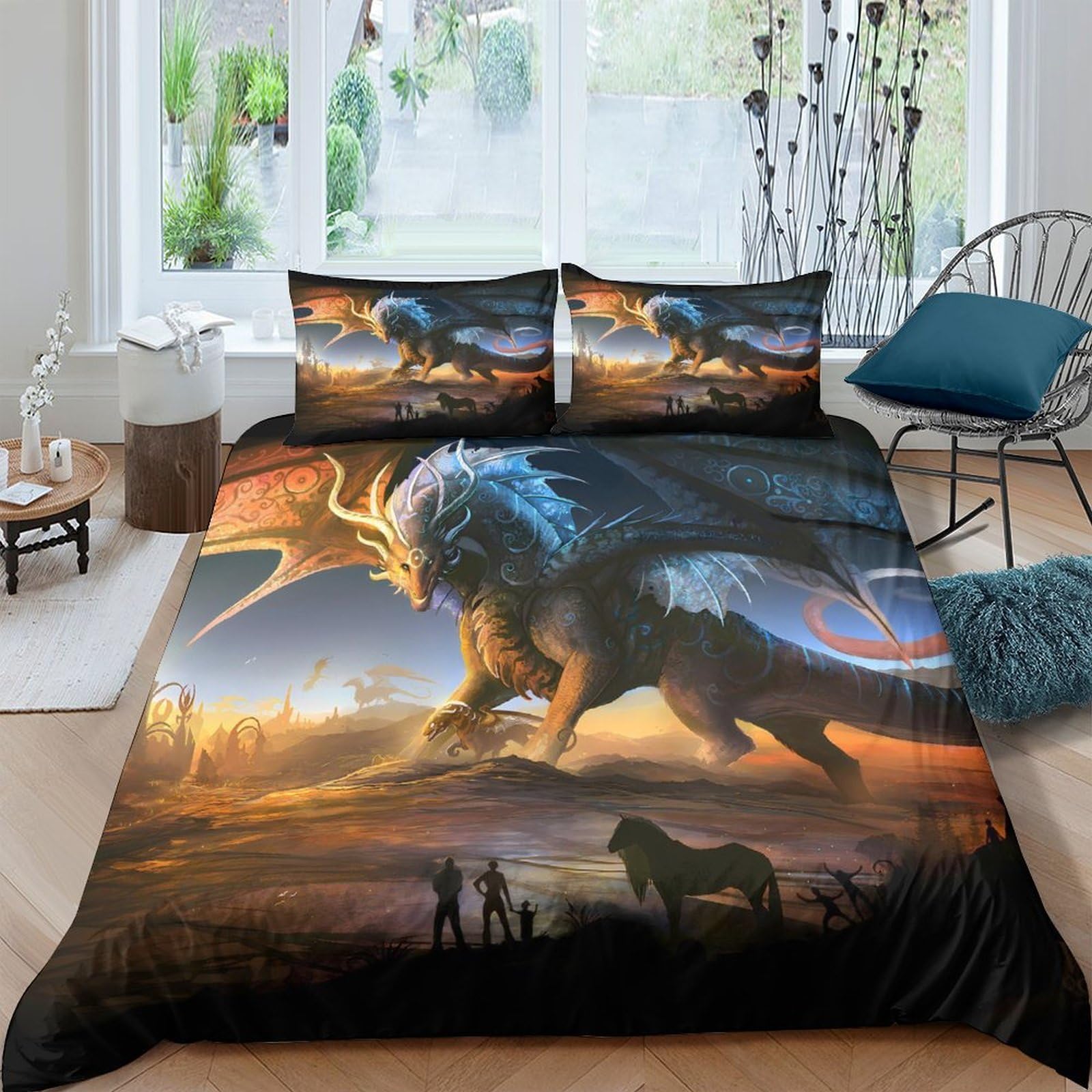 Ctjqhvkz Style-8 3D Printed Fantasy Lion Dragon Fitted Sheet Microfiber Soft Bed Cover Sunset Landscape For Bedroom Dorm Decor Single（135X200cm）