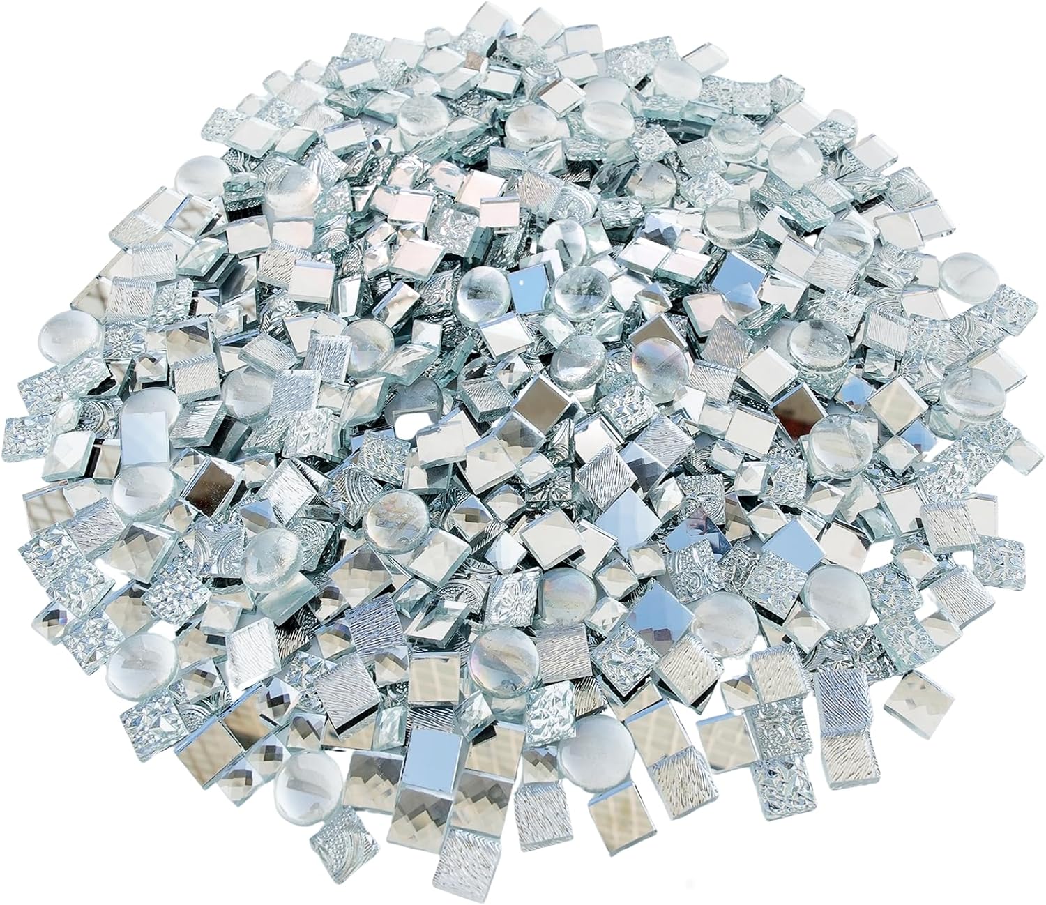 1000g Real Mirror Glass Mosaic Tiles for DIY, Silver Textured Square Tiles (15mm) with Iridescent Glass Gems, Mixed Shapes Stained Glass Set for Mosaic Art & Home Décor Projects