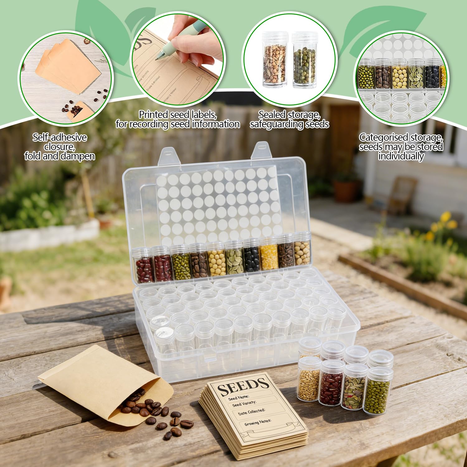 60 Rangement Graines Potager Rond Seed Box Boîtes pour Grosses Grainezs Boite Robuste et Durable Comprend 50 Sachet Craft Adapté Au Stockage de Grains de Café Haricots Mungo et Céréales