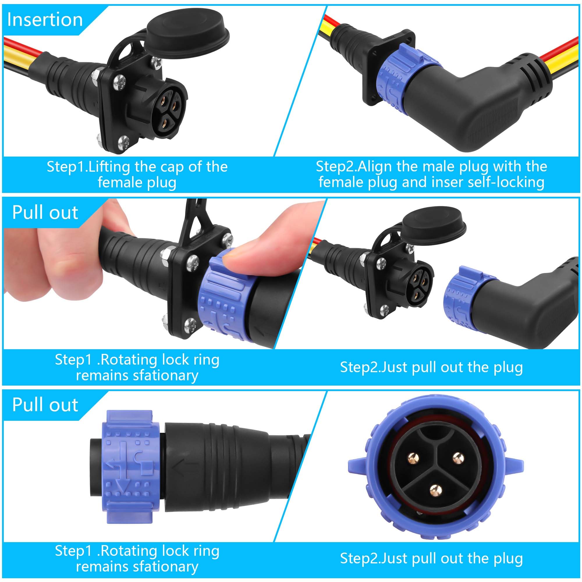 CERRXIAN Ensemble de prise de moteur à la traîne - Connecteur d'alimentation CC étanche pour bateau à la traîne - 90 degrés - 3 broches - 8 AWG 50 A - Connecteur de moteur à la traîne mâle et femelle