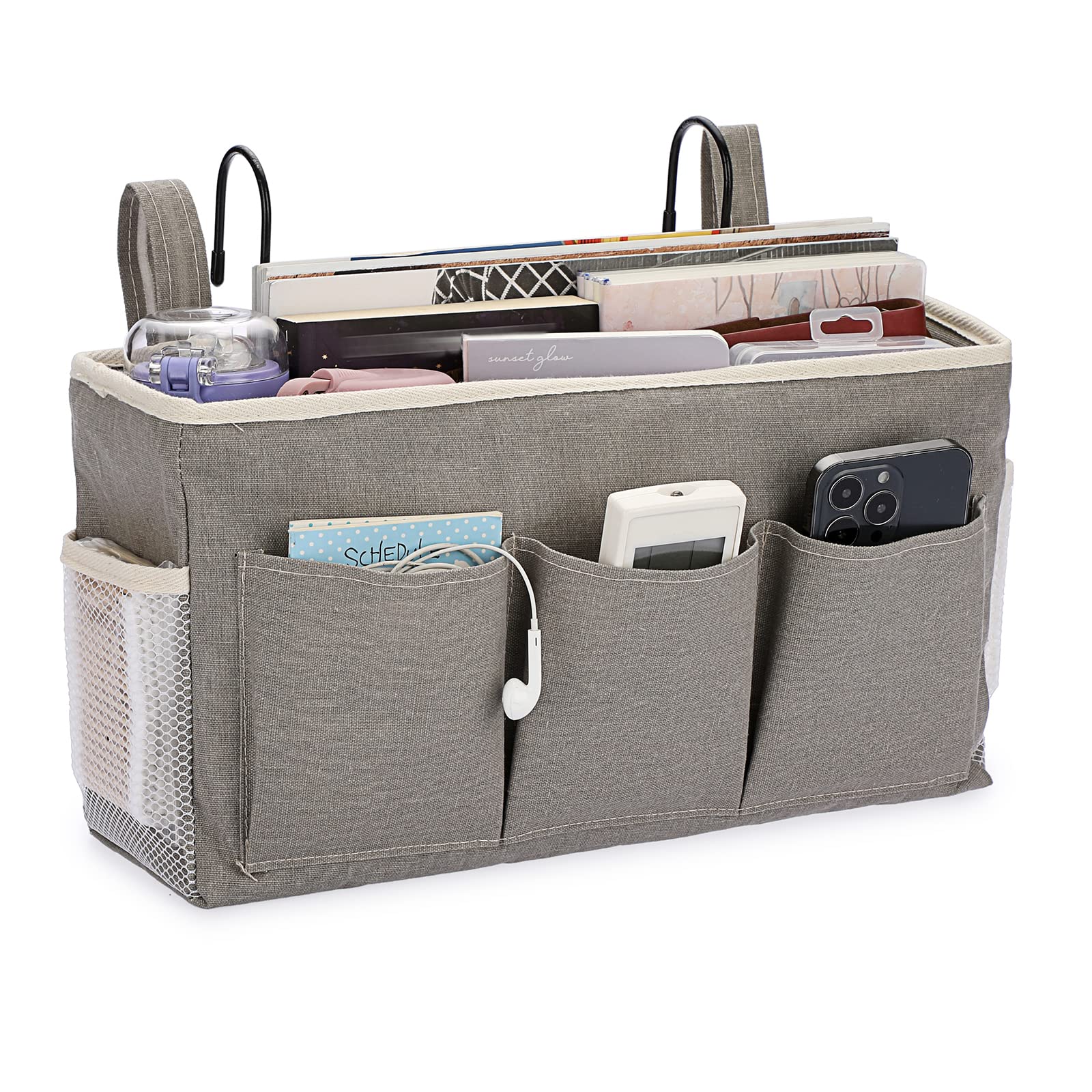 IGNPION Canvas Bedside Hanging Storage Pockets with Metal Hanging Hook Adjustable Hanging Tape Dormitory Bed Organiser Caddy Mulit-purpose Hanging Storage Bag for Home Office School Hospital, Grey