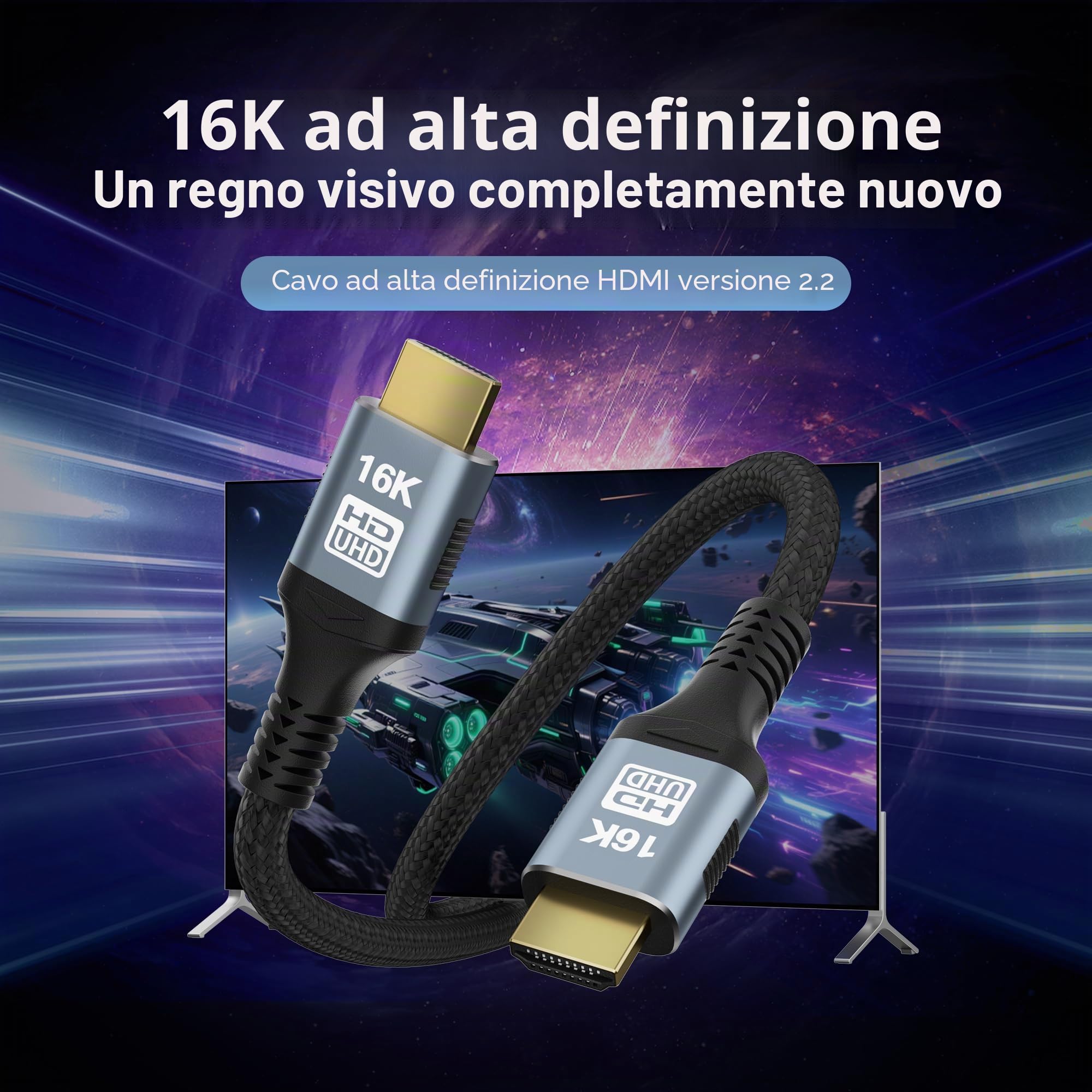 CAKOBLE Cavo HDMI 2.2 2 m,(2m+2m) 16K 12K 8K 4K | 96Gbps Ultra High Speed Cavo HDMI 4K@240Hz@360Hz/480Hz | eARC HDR10+ Dolby Vision/Atmos | HDCP 2.2 2.3 |Per Soundbar, cavo hdmi 2.1