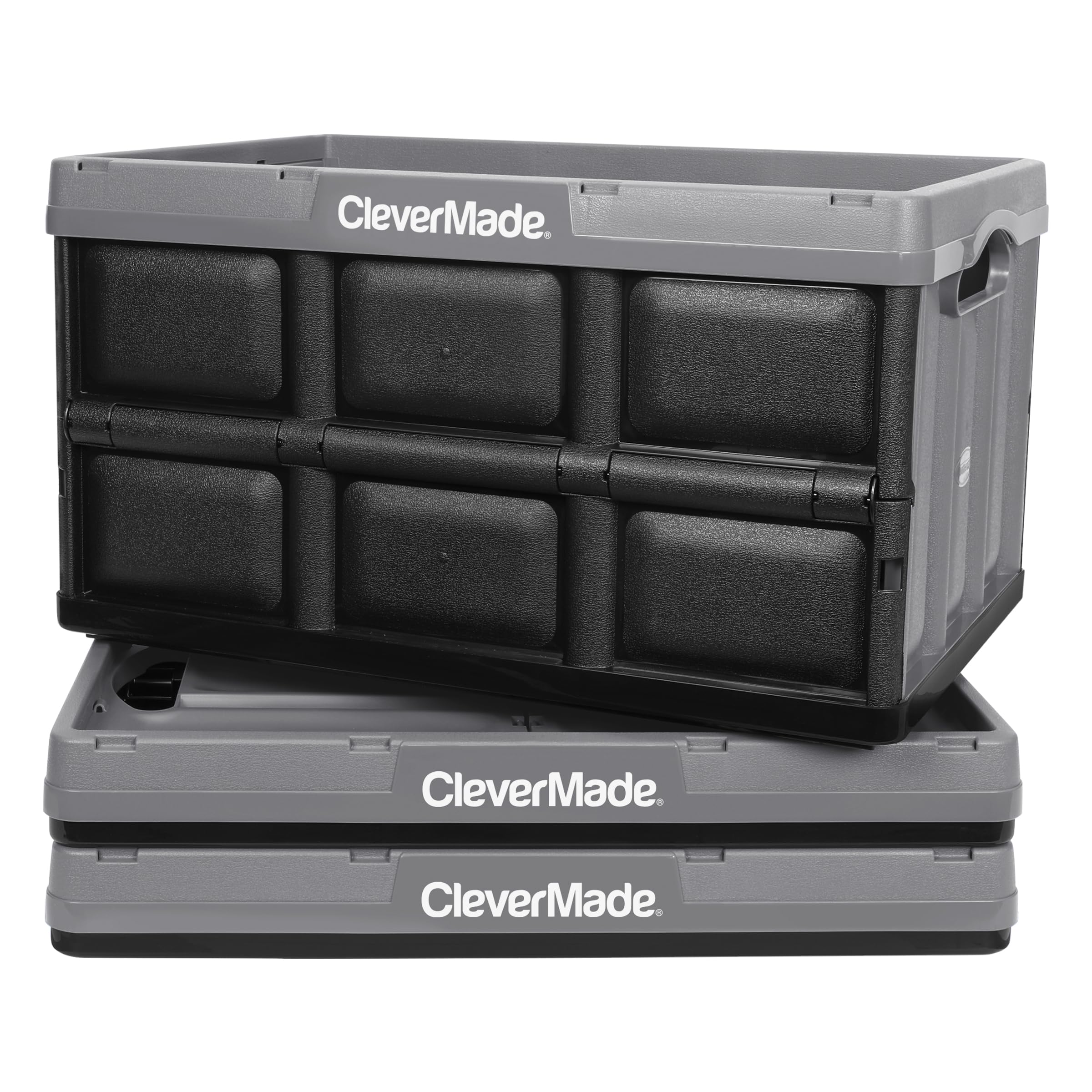 CleverMade Eco 62L Collapsible Storage Bins - Folding Plastic Stackable Utility Crates, Solid Wall, No Lid, 3 Pack, Stone