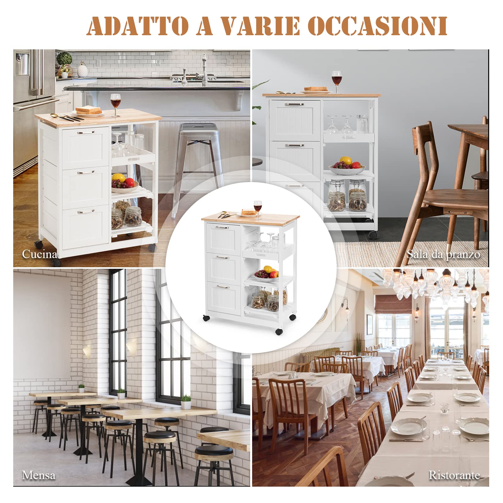 RELAX4LIFE Carrello da Cucina con Ruote Girevoli, Credenza Portaoggetti in Legno Robusto con 3 Cassetti e 3 Ripiani, Carrello di Servizio Pratico e Salvaspazio per Sala da Pranzo (Bianco)