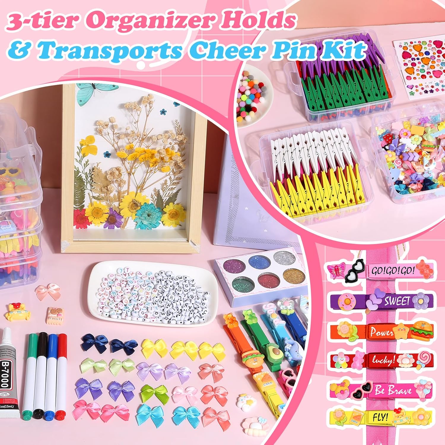 cheer pins spirit clips,100 colored clothes wooden pins, 112 mini resin charms bows sticker, 300 beads pompoms cheer clothespins decor, cheer pin making kit for ribbon team classroom cheerleader gifts