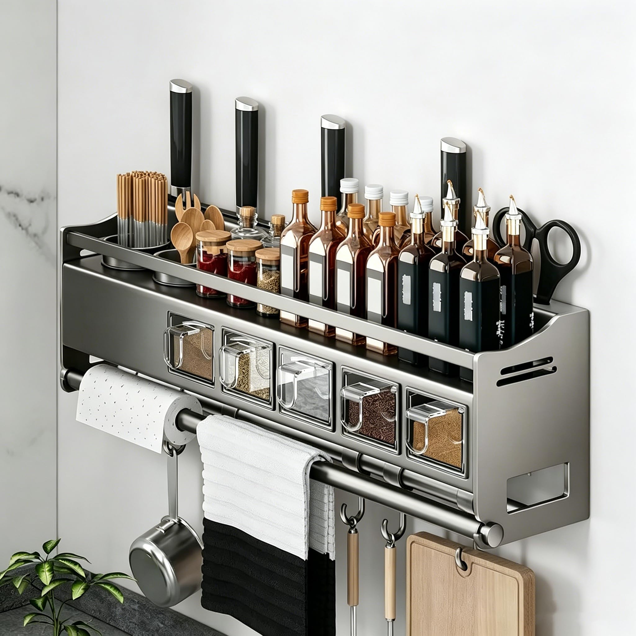 Organizador de especias de cocina, montado en la pared con ganchos para cuchillos y poste para colgar condimentos, solución de almacenamiento multifuncional para especias y utensilios