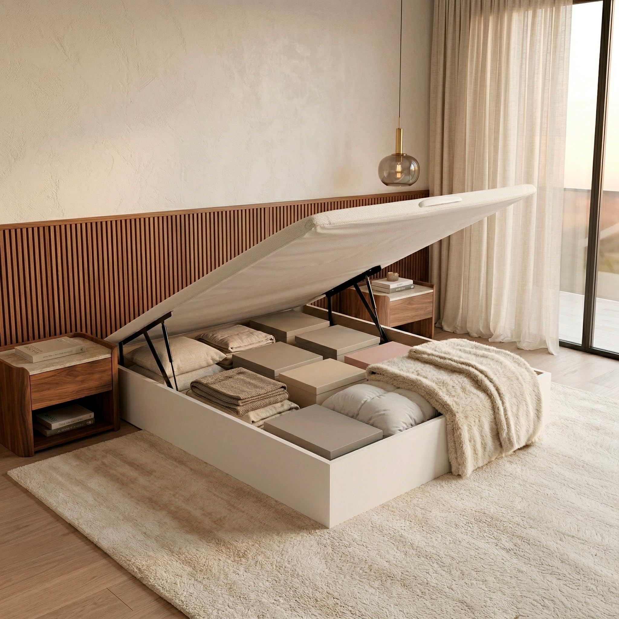 ROYAL SLEEP Canapé Abatible de Madera | 135x190 | Montaje y Retirada de Usado Incluido | Gran Capacidad | Tapa 3D Transpirable | 32 cm | Color Blanco | Space Bed