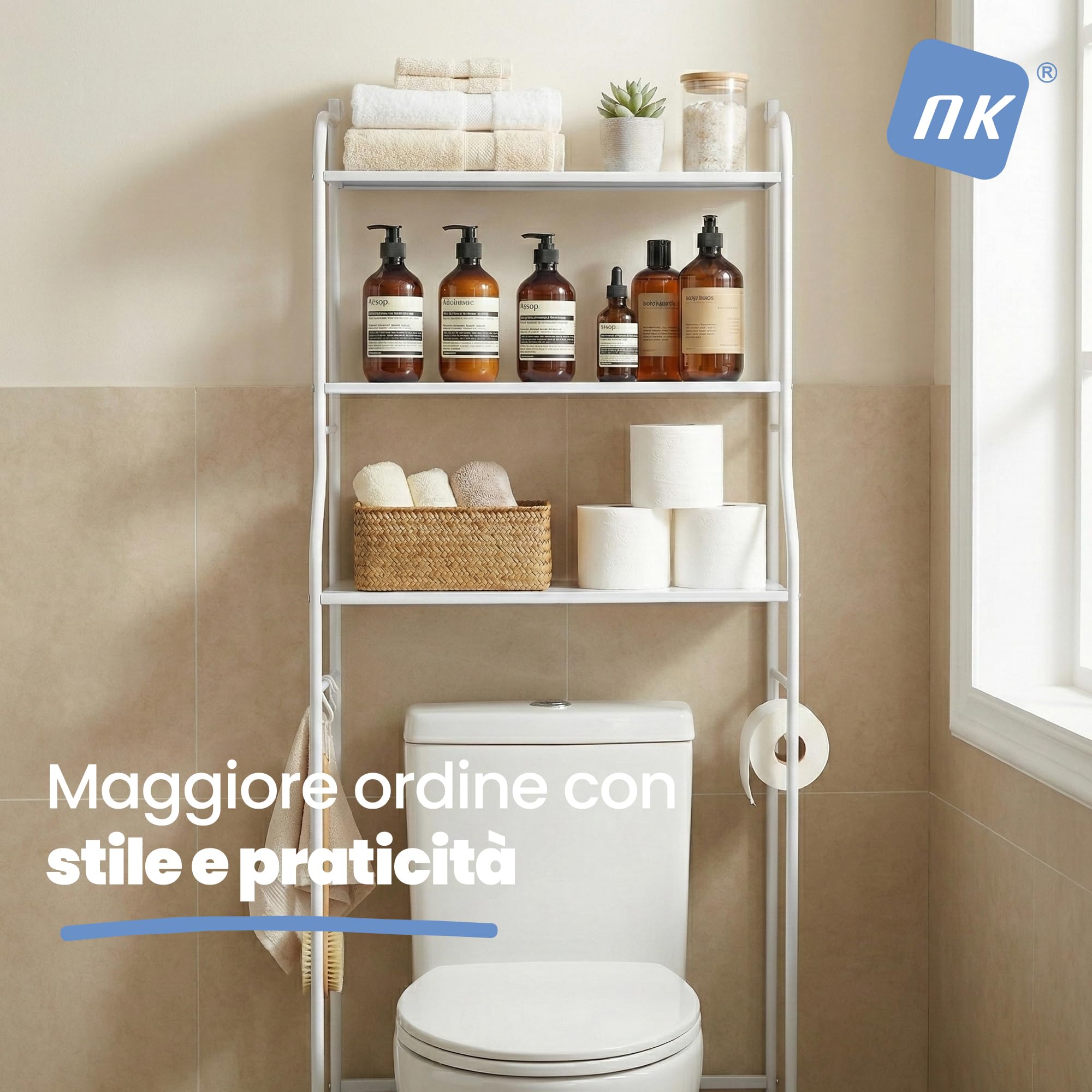 NK Scaffale Da Bagno Sopra WC – 153×47×26 Cm, 3 Ripiani Superiori, Portarotolo, 3 Ganci, Piedini Antiscivolo, Ferro + PP, Bianco, Montaggio Facile