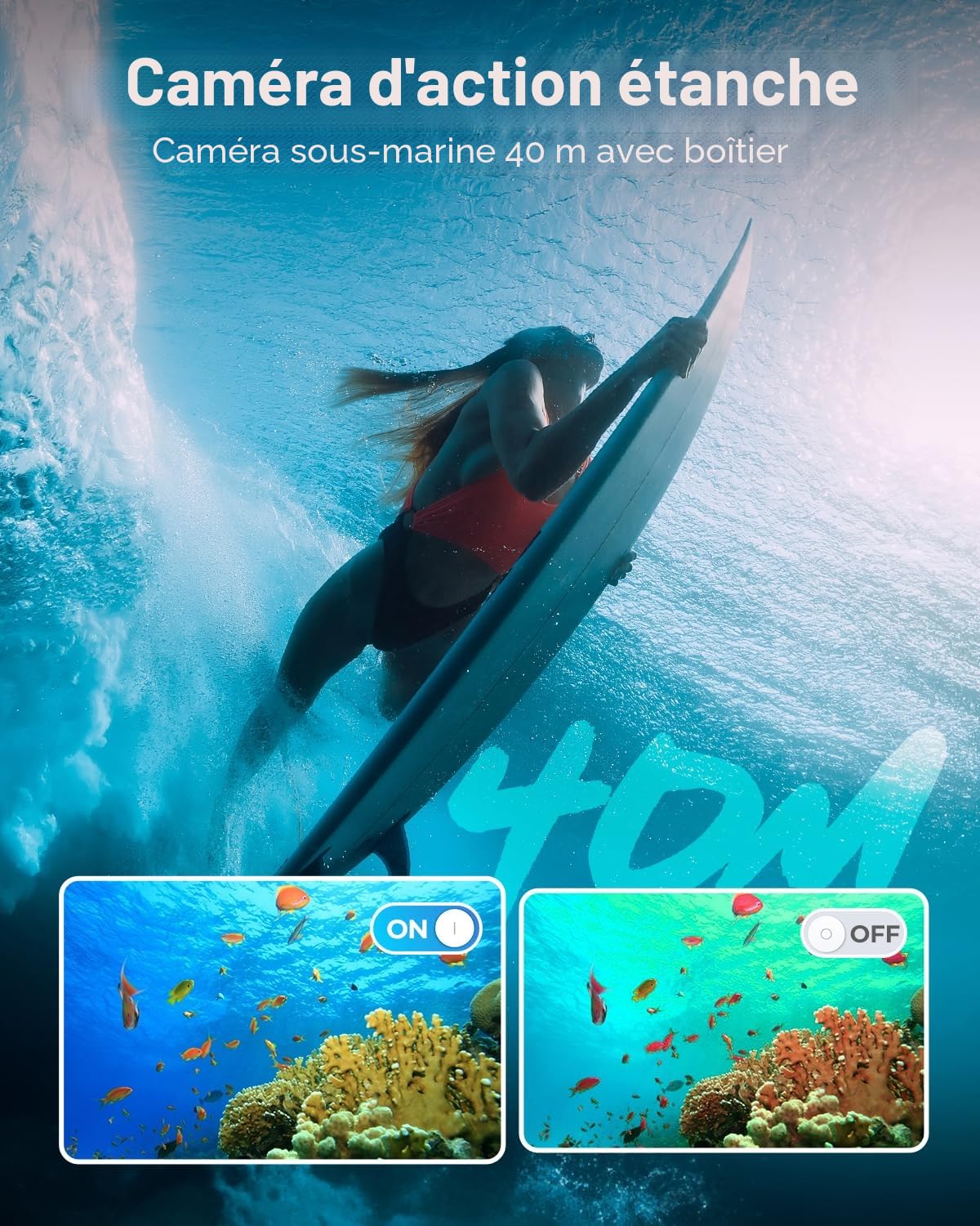 4K60FPS Caméra Sport- Caméra Étanche avec Carte SD 64G 48MP HD WiFi Camera with EIS, Caméras Embarquées with 2 * 1350 mAh Batteries Télécommande 2.4G,Kit d'Accessoire