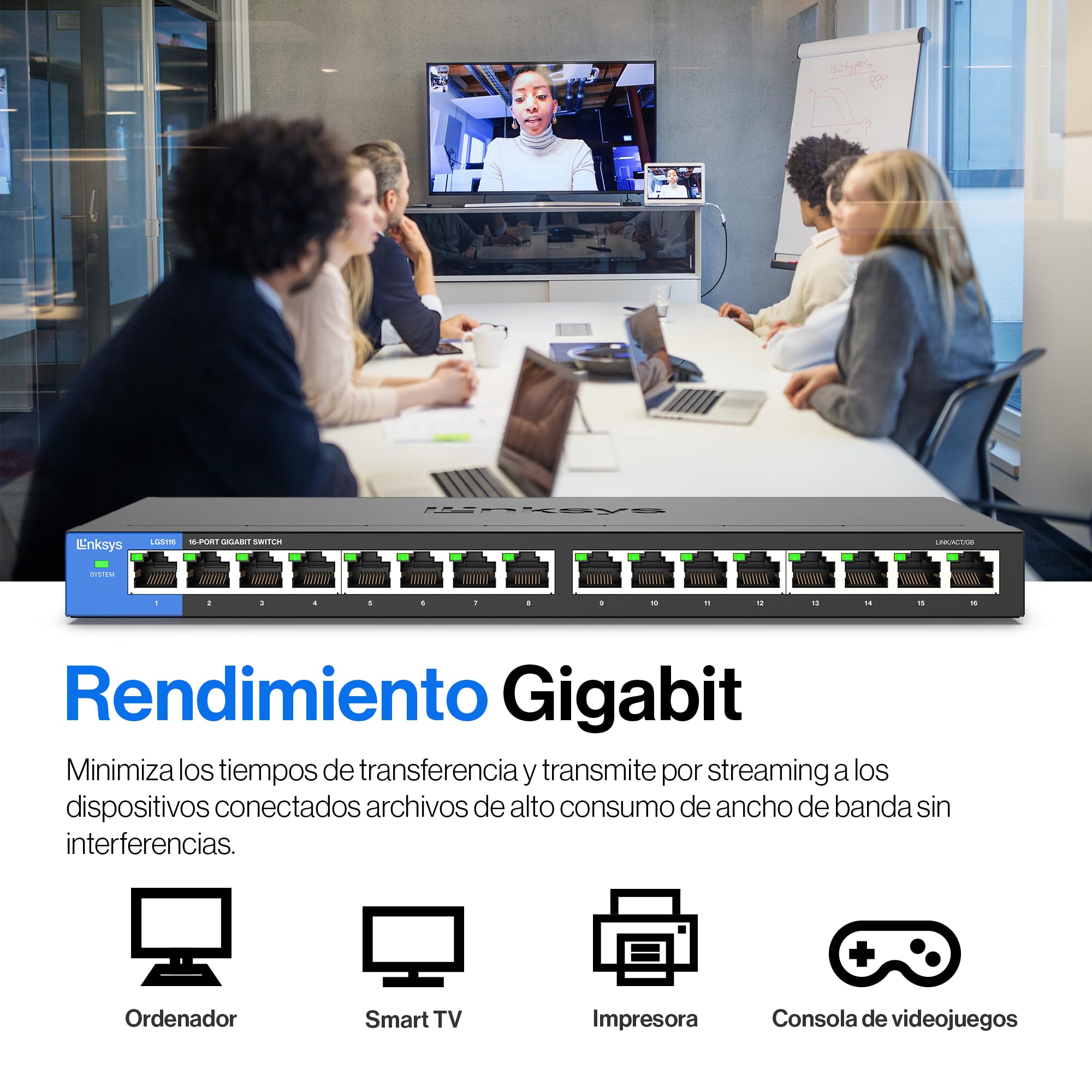 Linksys LGS116-EU switch de red no administrado Gigabit de 16 puertos, concentrador Ethernet para casa y oficina con carcasa metálica, montaje de sobremesa o en pared, divisor Ethernet, plug and play