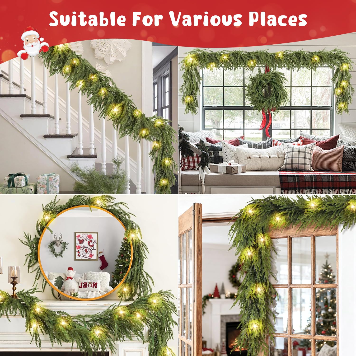 Yamaziot 1 guirlande de Noël avec lumières, guirlande de verdure artificielle de 2,7 m, guirlande de Noël éclairée de vigne de pin vert pour les vacances, décoration intérieure et extérieure