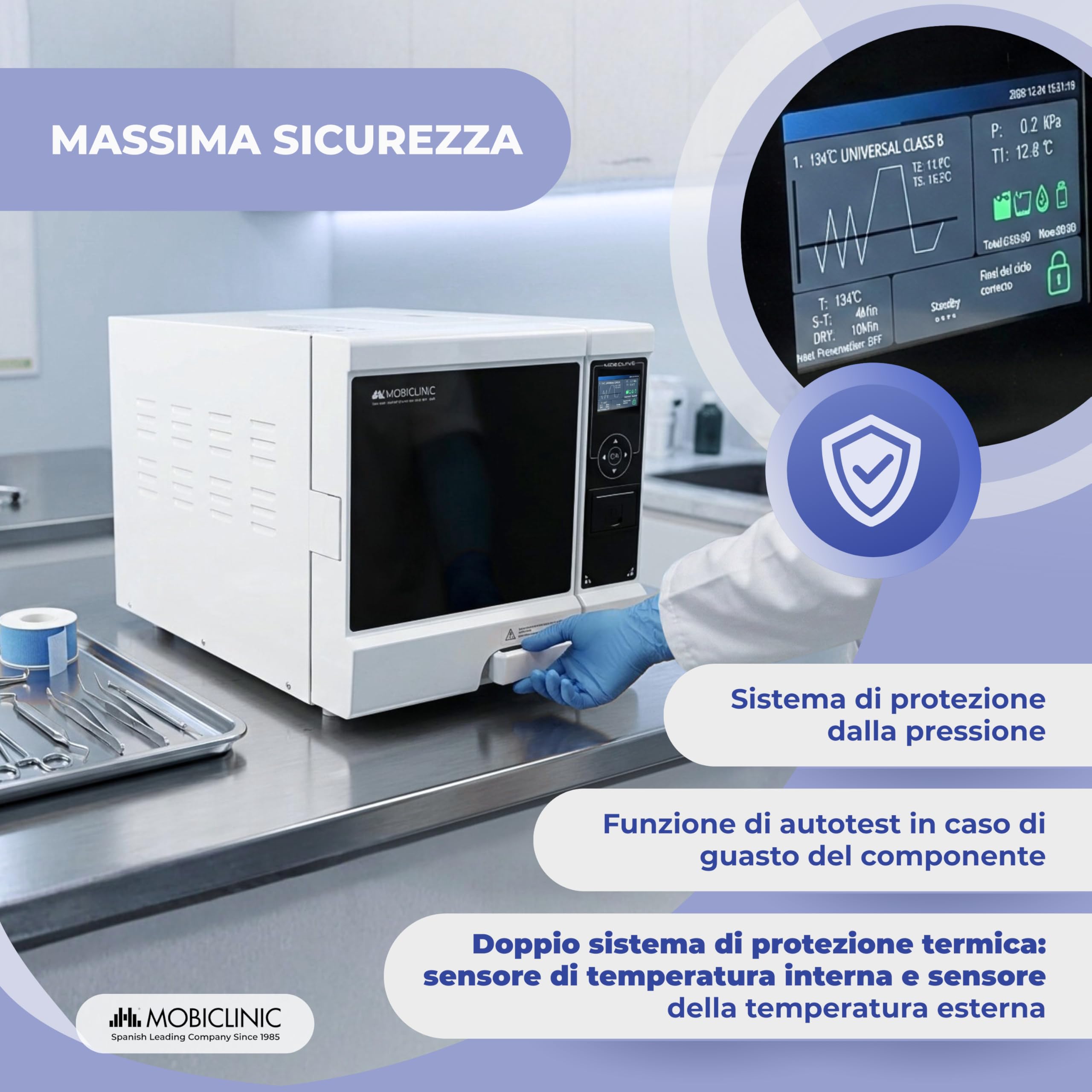 Mobiclinic®, Autoclave Professionale, Autoclave Sterilizzatrice a Vapore 12L, Disinfettante 99% con Copertura 360°, Programmi Personalizzabili, Stampante, USB, Cliniche e Laboratori, MobiClave