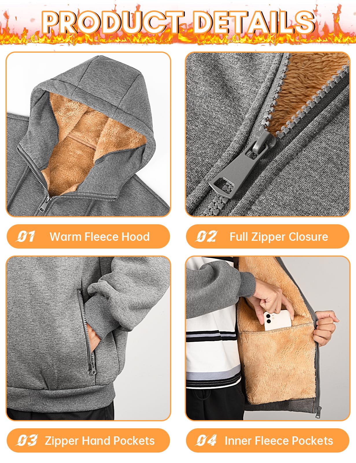 PASUDA Felpa Uomo con Cappuccio Invernale Felpa in Pile con Zip Felpe Giacca Manica Lunga Casual Comoda a Calda Hoodie Cappotto con Tasche Inverno