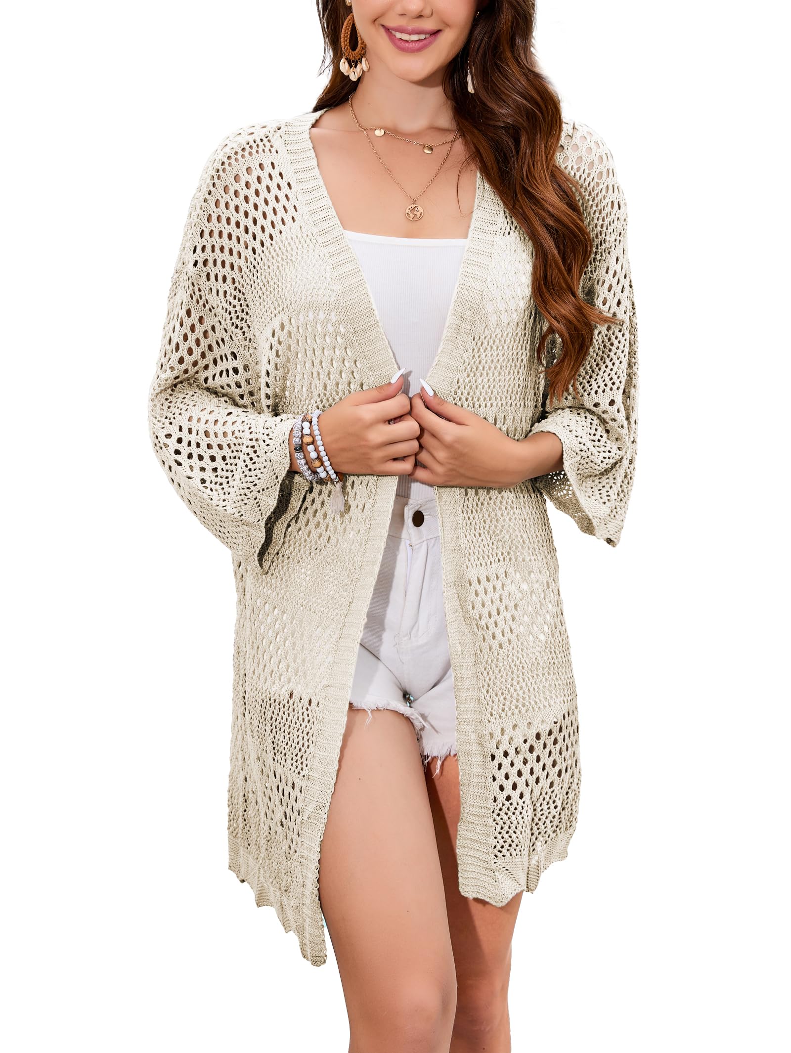 FamulilyWomen's Crochet Cardigan Hollowed Out 3/4 Sleeve Open Front Casual Cardigan Summer Outwear Cover Up