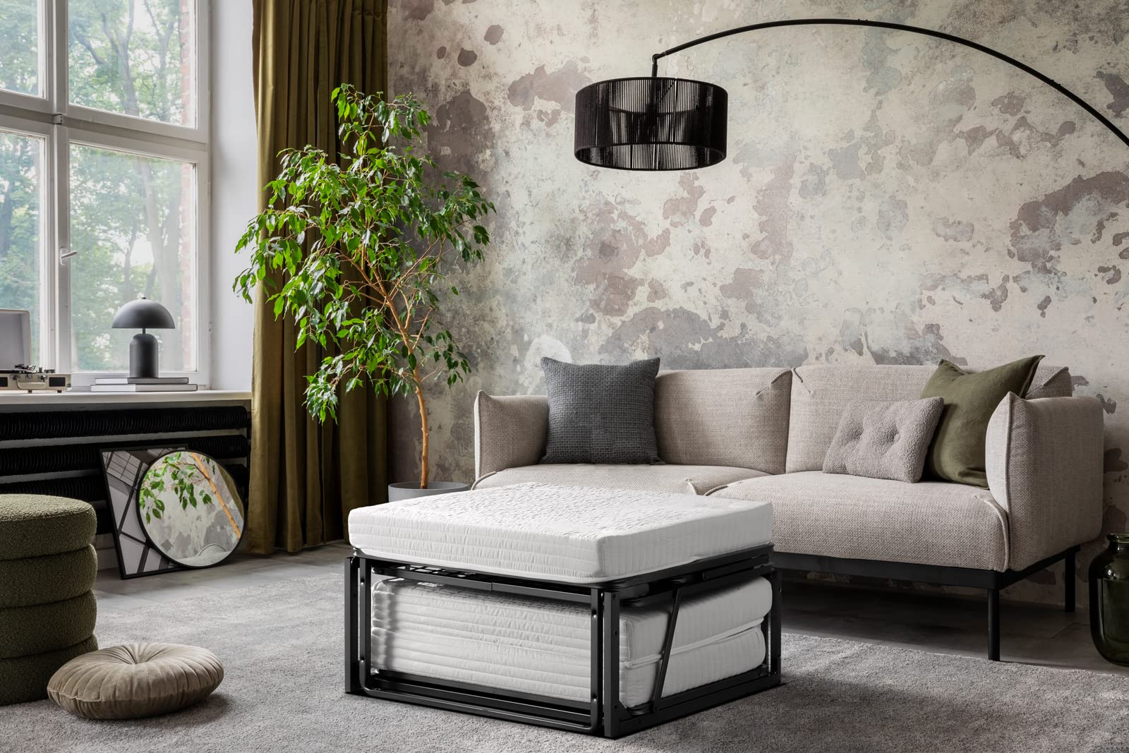 EVERGREENWEB - Pouf Letto Singolo con Materasso in Water Foam Alto 10 cm Salvaspazio Pieghevole per Camera, Cameretta o Soggiorno, Pouf poggiapiedi, Ottomano, Tessuto Sfoderabile e Lavabile Tortora